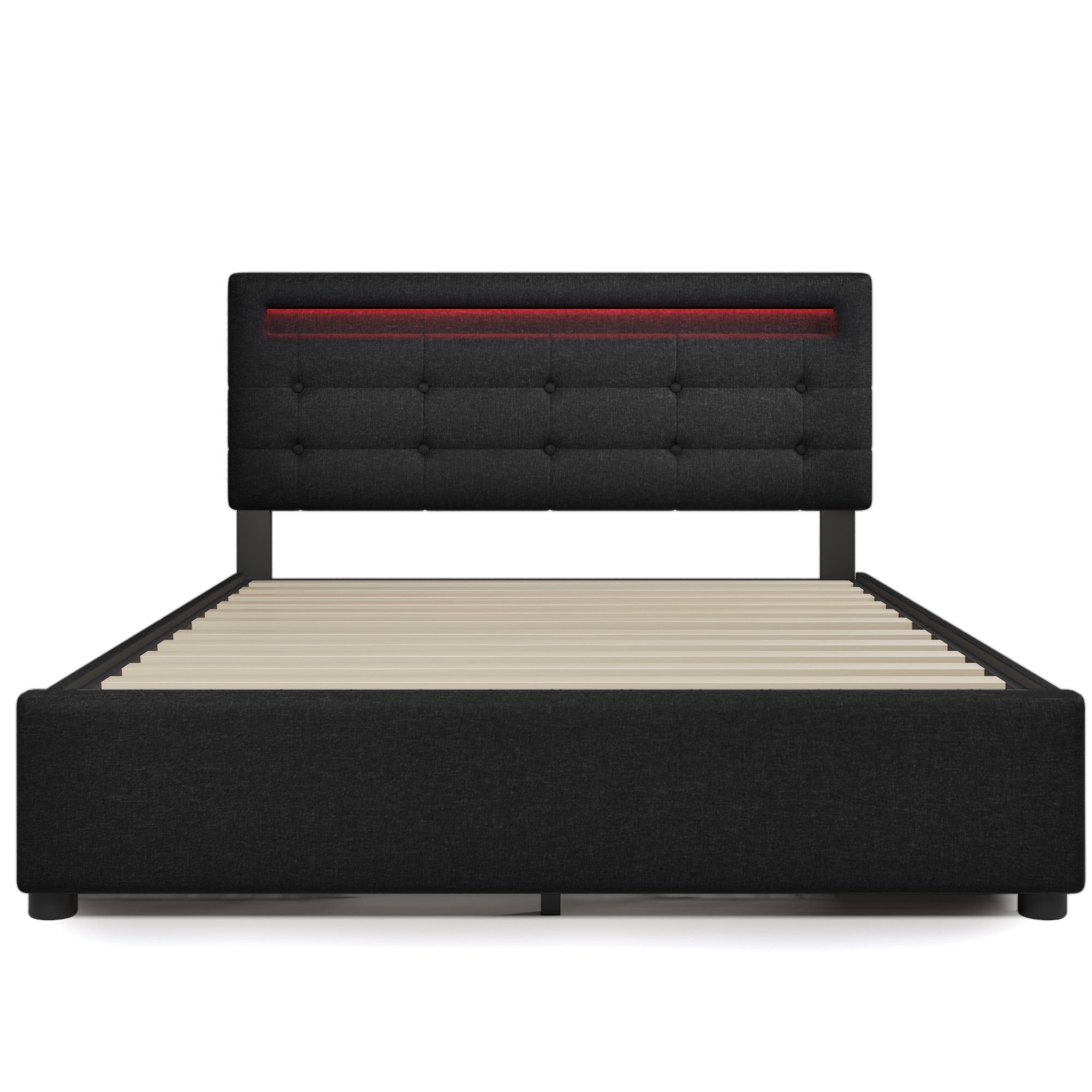 Polsterbett (mit LED-Beleuchtung, Fernbedienung und verstellbarem Kopfteil), Doppelbett mit Matratze, 4 Schubladen, Leinen, 140x200cm Bett