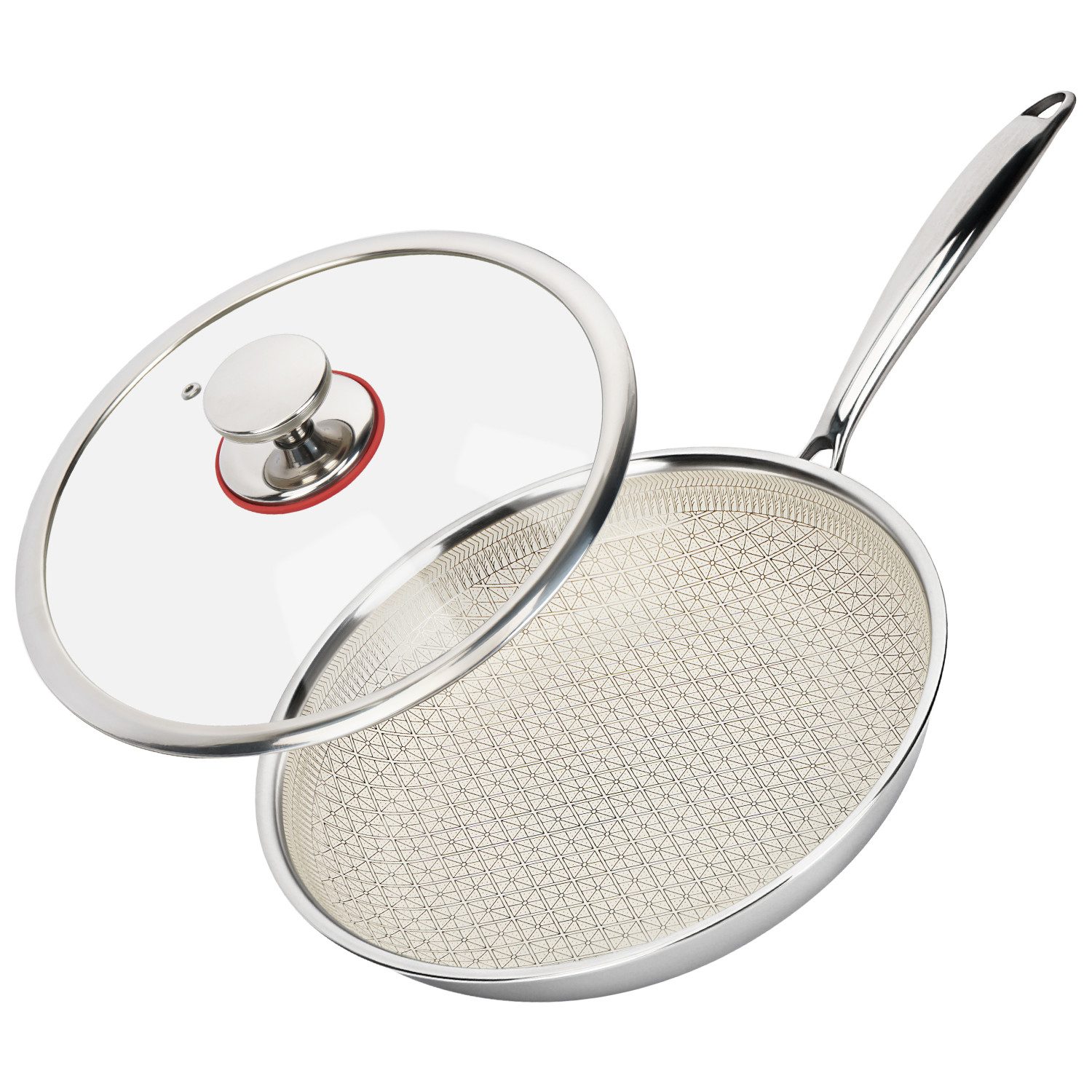 OSTWOLKE Bratpfanne mit Keramikbeschichtung ohne Beschichtung induktionsgeeignet Ø28 cm, Edelstahl 18/10, mit Glasdeckel, ohne Anhaften & Anbrennen, für alle Herdarten geeignet