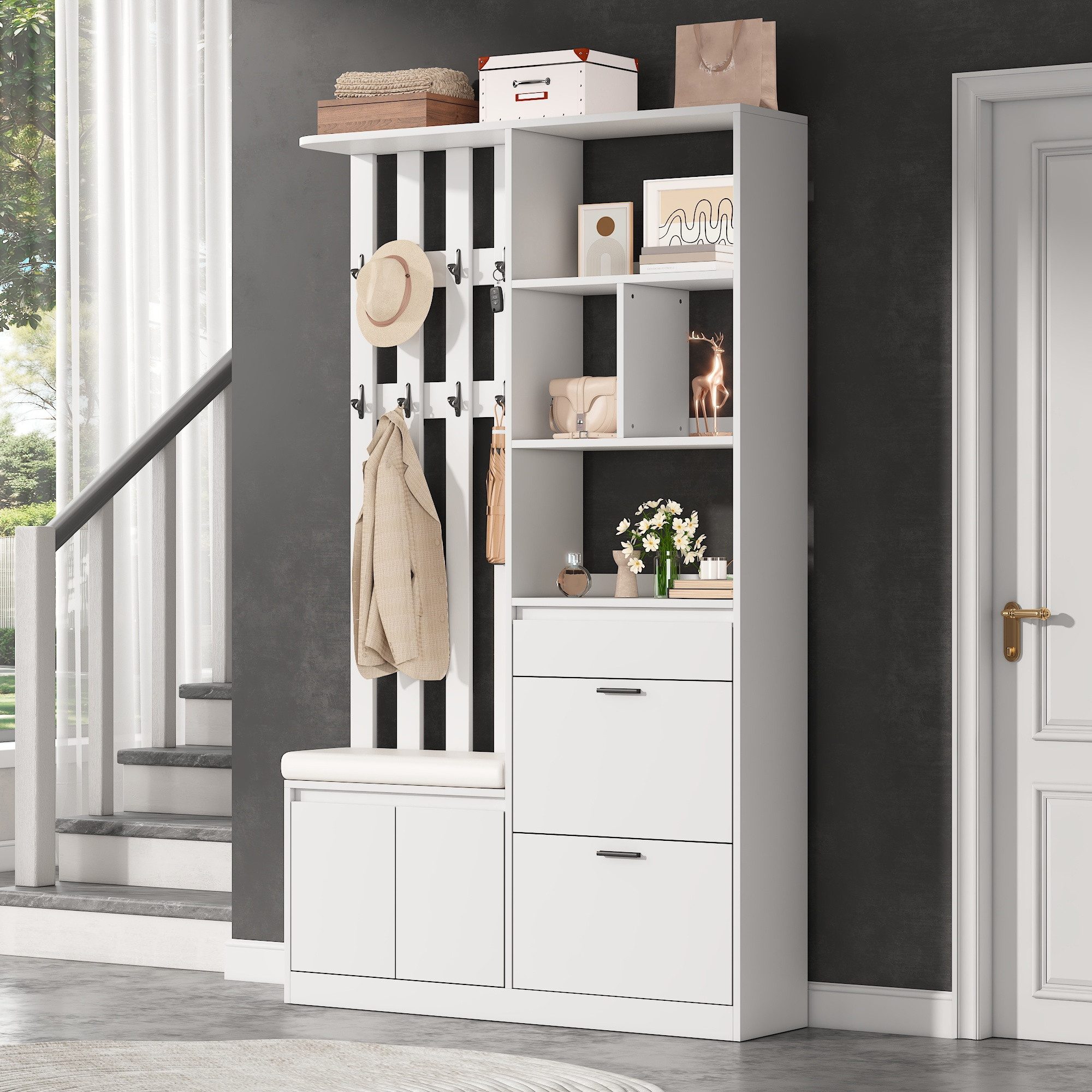 HAUSS SPOLE Garderoben-Set mit Sitzbank,Garderobenständer mit Schublade & Kleiderhaken,Weiß, (Garderobenschrank Dielenmöbel mit Schuhablage), 120x30x200cm Flurgarderobe mit Kippschutzvorrichtung