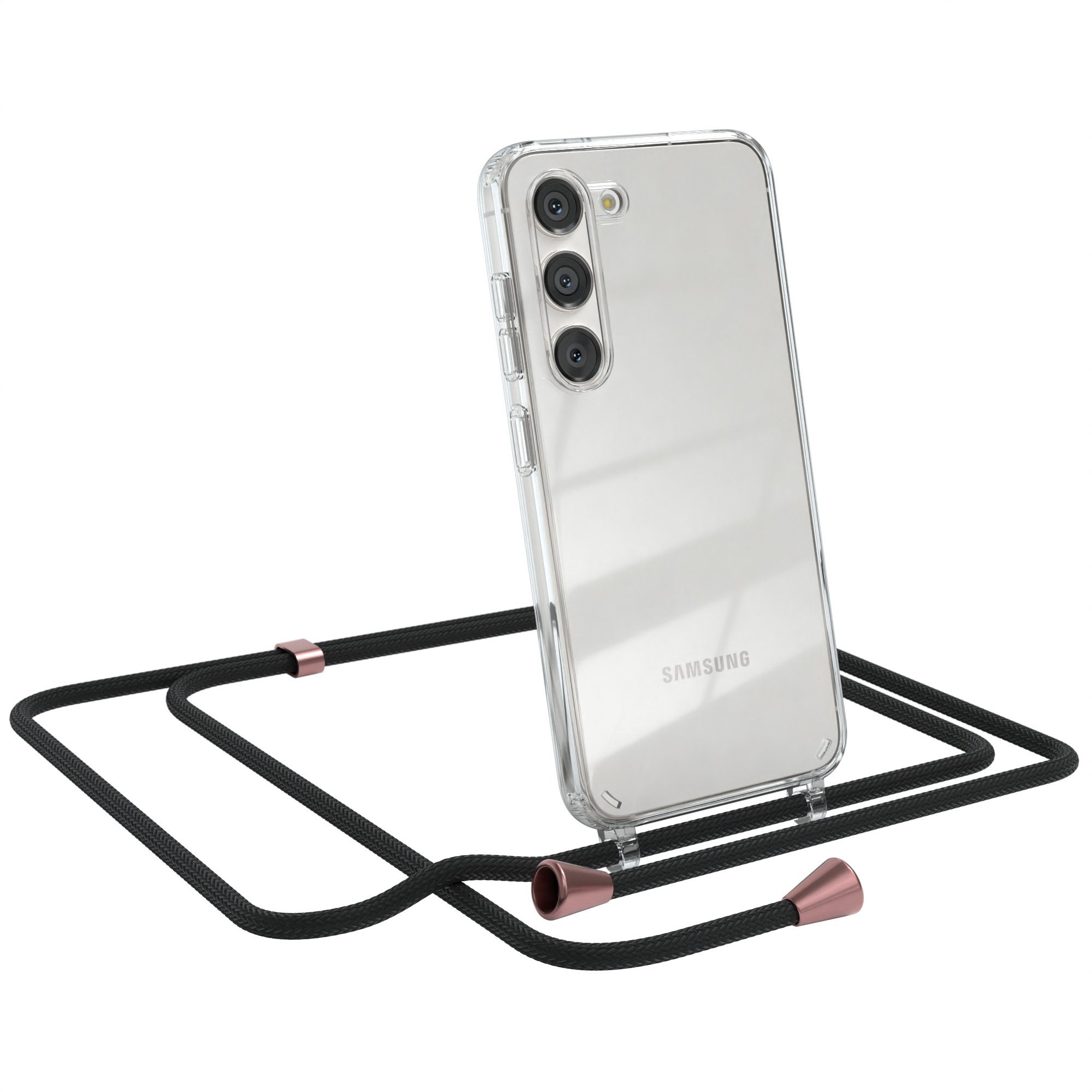 EAZY CASE Handykette Hülle mit Kette für Samsung Galaxy S23 6,1 Zoll, Handykordel Smartphonekette für Unterwegs Festivalbag Schwarz Rosé