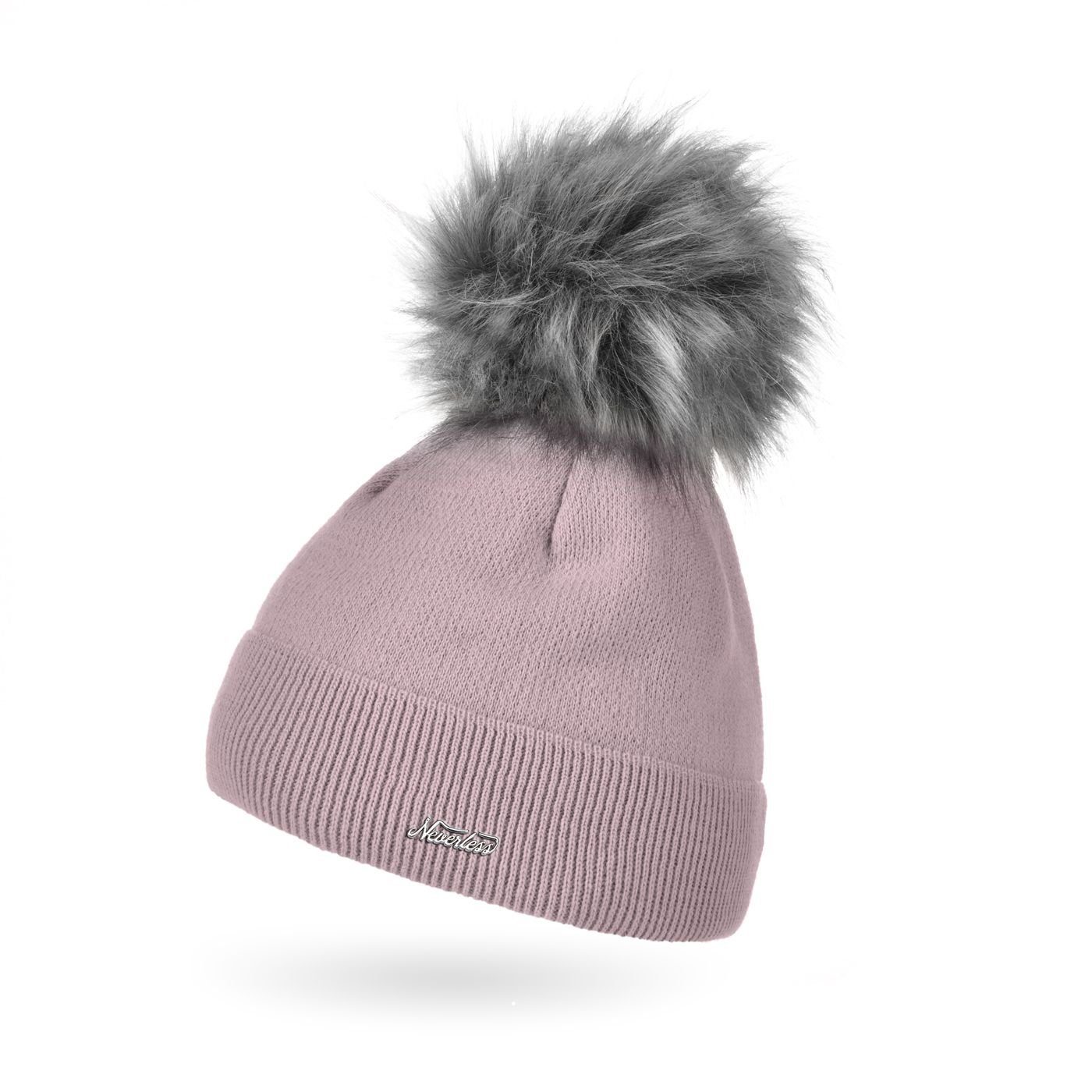 Neverless Mütze Neverless® Wintermütze Feinstrick gefüttert Wollmütze Fell-Bommel Kunstfell Bommelmütze Bommelmütze Damen rosa