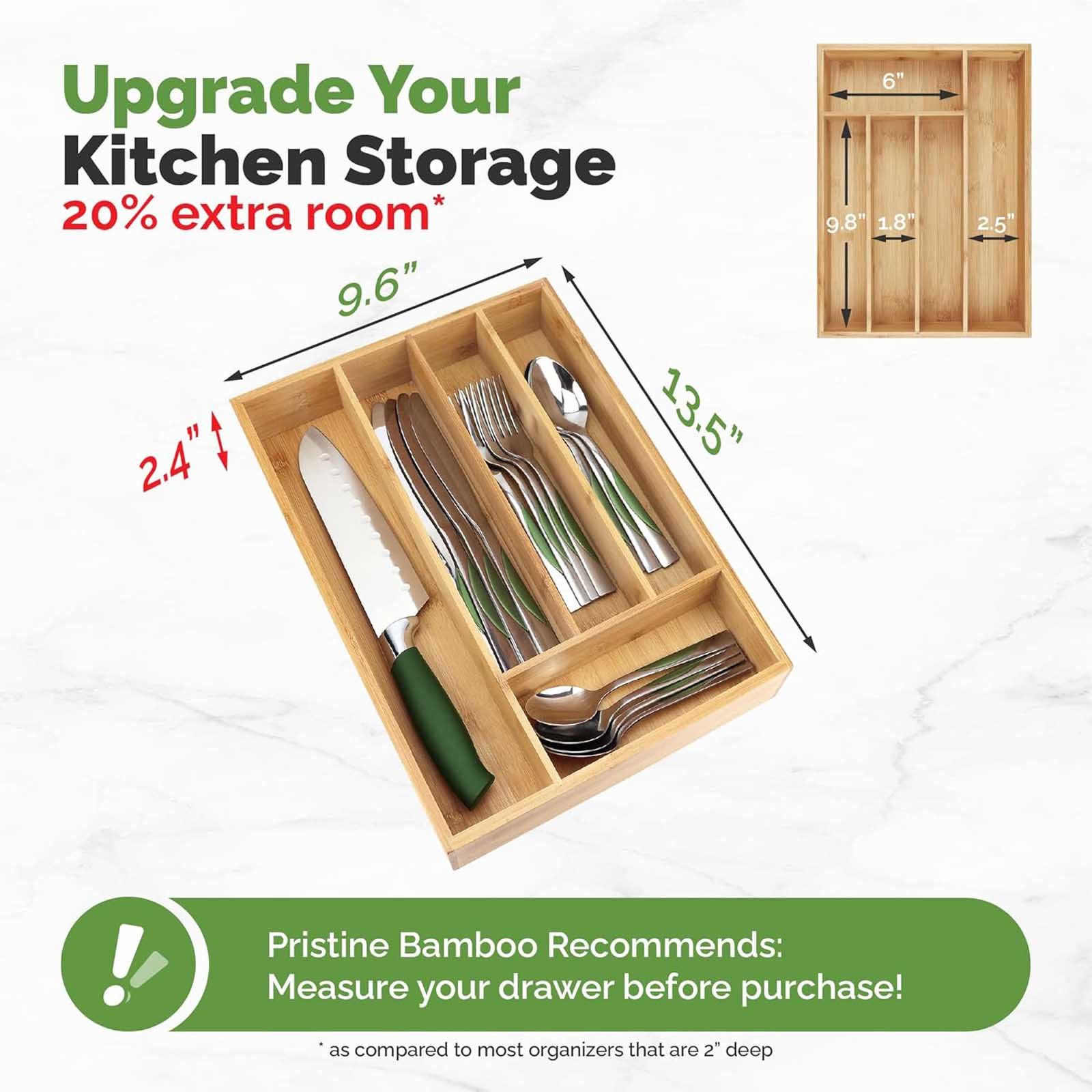 Pristine Bamboo Besteckkasten Universal Schubladeneinsatz Besteck Küche Büro Organizer Einsatz, 34,3 x 24,9 x 6,1 cm Bambus 5 Fächer