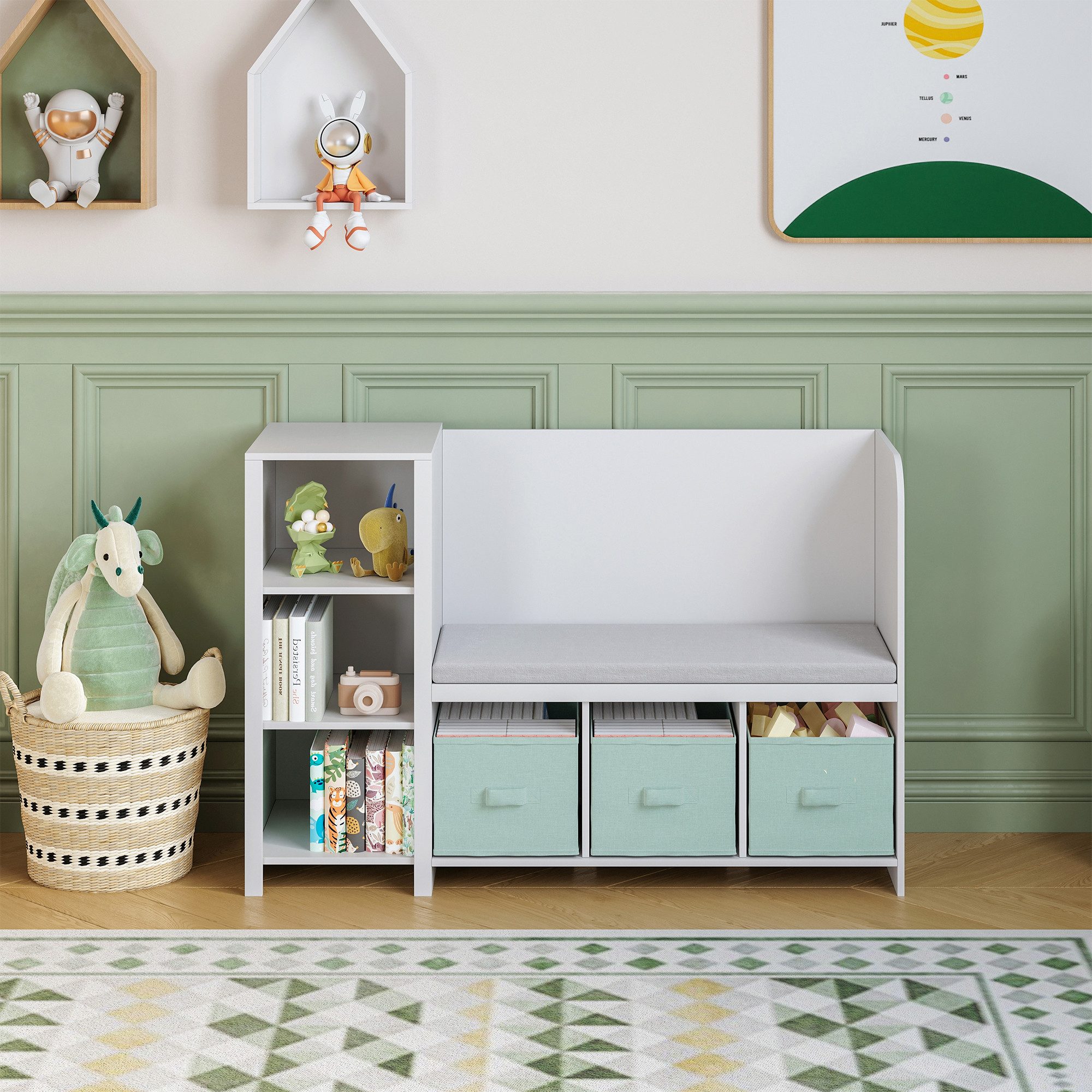 en.casa Sitzbank, mit Regal für Kinder »Høylandet« 76x112x40 cm Weiß/Mintgrün