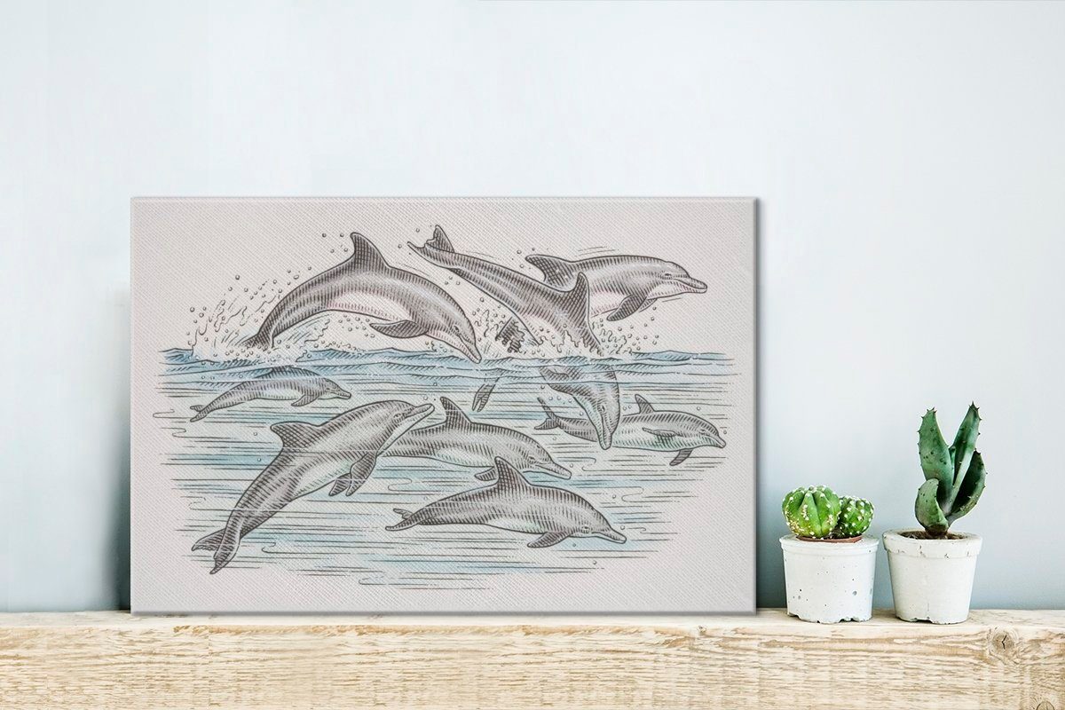 OneMillionCanvasses® Leinwandbild Delfine Leinwandbilder, 30x20 St), (1 - Tiere, cm Wasser Wandbild Wanddeko, Aufhängefertig, 
