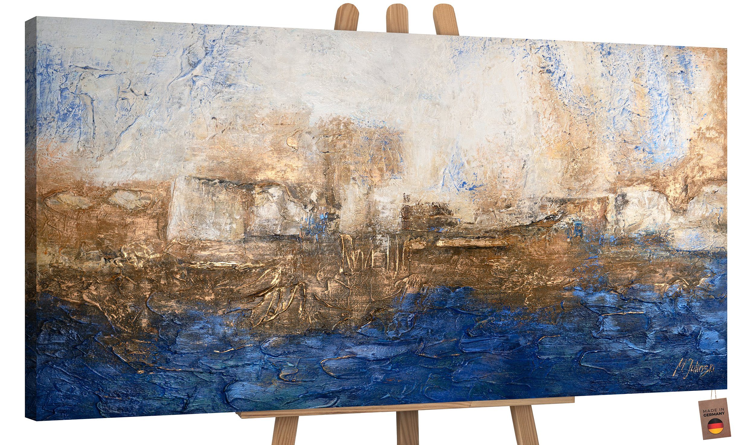 YS-Art Gemälde Marine, Abstrakte Bilder, Gold Blaues Leinwand Bild Handgemalt Abstrakt