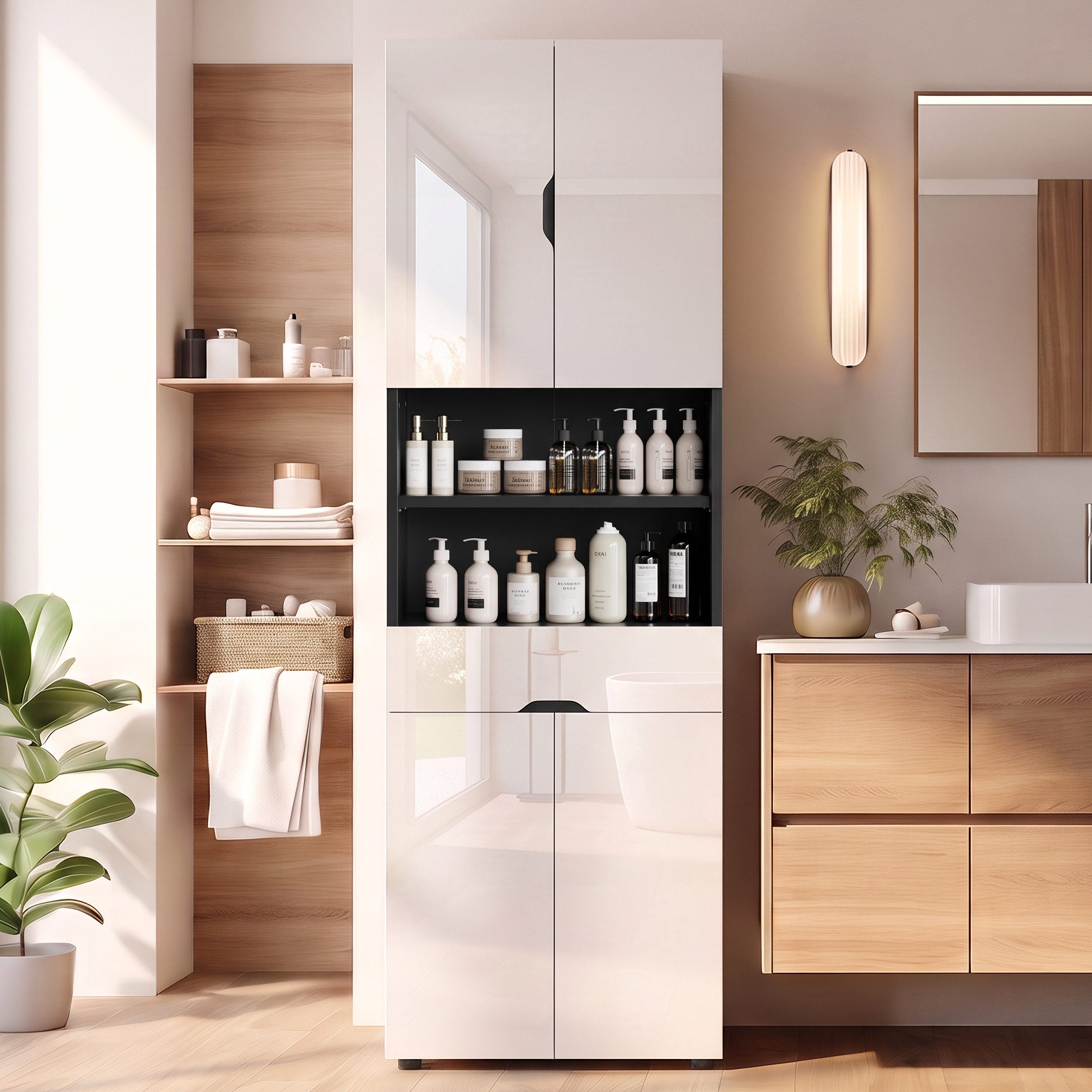 HOMALL Hochschrank Bad-Hochschrank mit vielseitigem Stauraum (Freistehender Badezimmerschrank mit Schublade, offenen und geschlossenen Fächern sowie höhenverstellbaren Einlegeböden für Bad, Küche und Wohnzimmer)