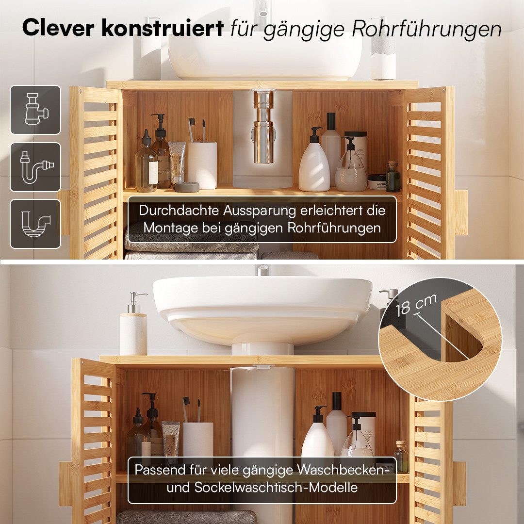 Bellamio Waschbeckenunterschrank Newa, Badezimmerschrank mit zwei Ablagefächern (Spar-Set, 2-St) aus natürlichem Bambus, robst und langlebig – Bild 5 von 5