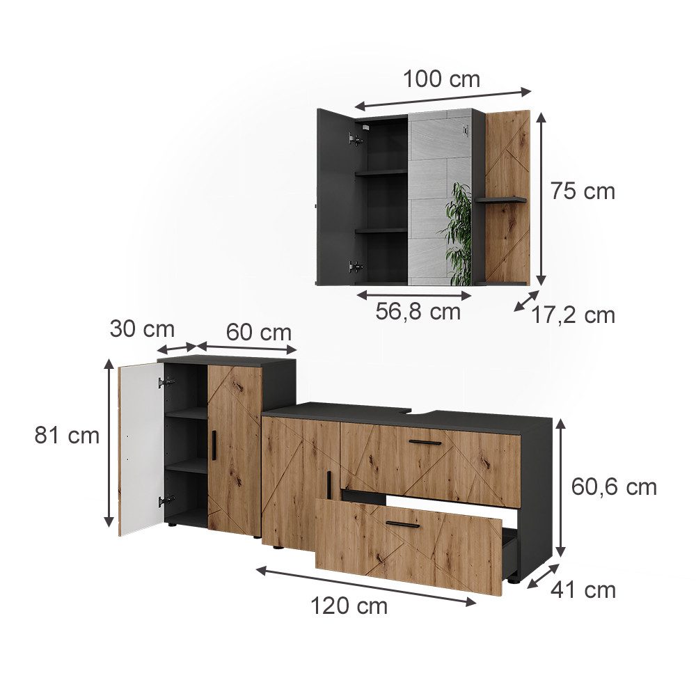 Vicco Badmöbel-Set Irma, Anthrazit/Artisan, 3 Teile, günstig online kaufen