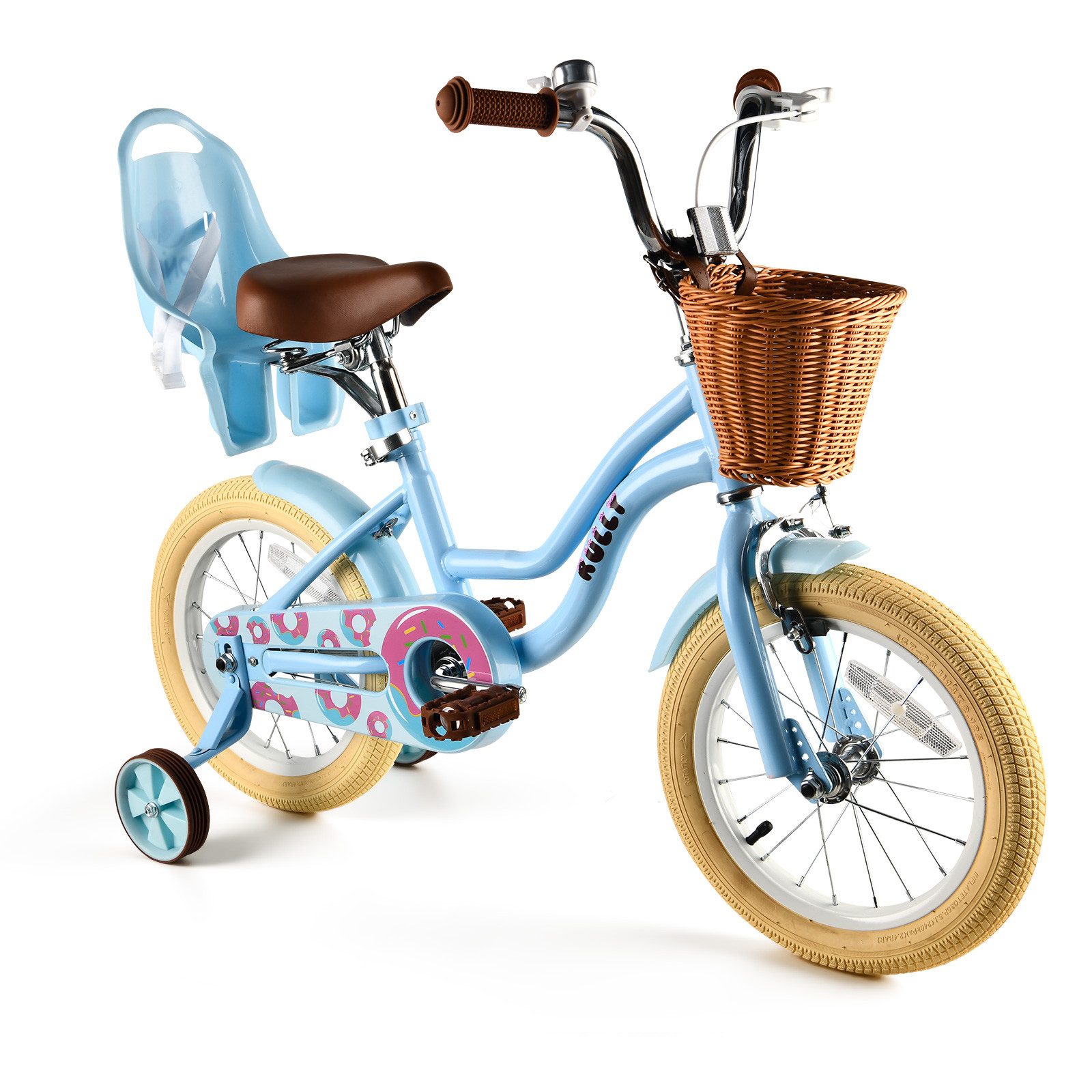 RULLY Kinderfahrrad Kinderfahrrad für Mädchen 12/14/16 Zoll, 2–7 Jahre, 1 Gang, Inkl. Korb, Puppensitz, Stützrädern, Schutzblechen & Klingel