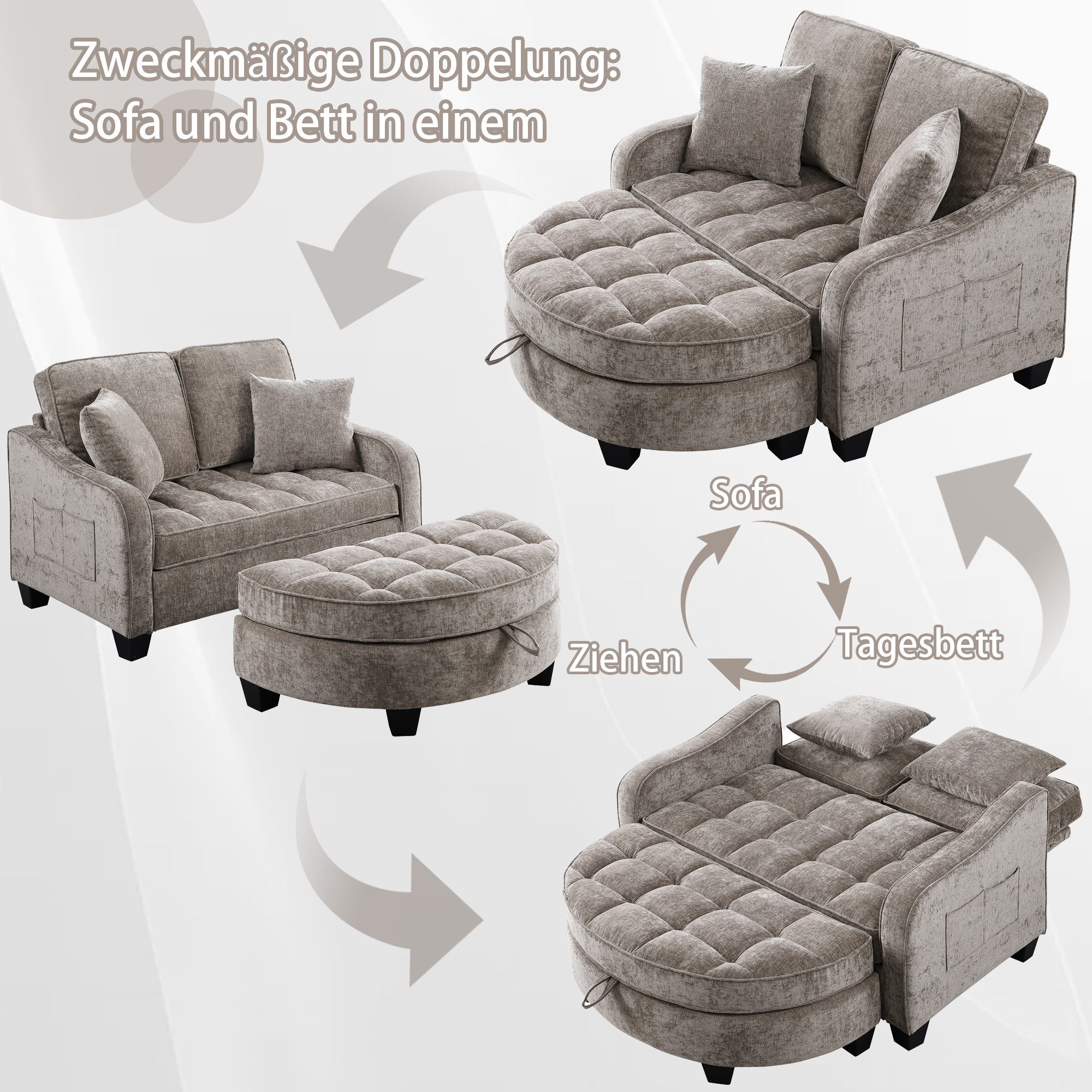 MODFU Schlafsofa Nachhaltiger Hocker in Eukalyptus, 132x129x93 cm, Set 1 Teile, Mit integriertem Staufach – die praktische 2‑in‑1 Lösung