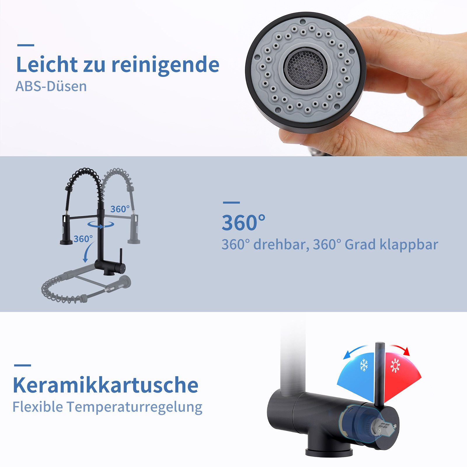 DESFAU Küchenarmatur Vorfenster Wasserhahn, 360° Drehbare, Unterfenster Klappbar 180° Spültischarmatur,zwei Strahlarten,Edelstahl 304,Schwarz – Bild 3 von 5