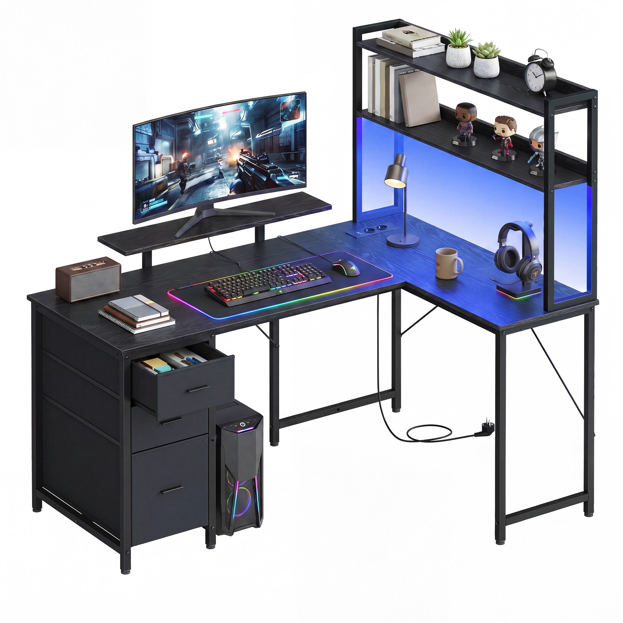 VASAGLE Schreibtisch L-Form Eckschreibtisch mit Steckdosen und LED-Beleuchtung, Computertisch mit 3 Schubladen und Monitorständer, 140 x 100 x 150 cm