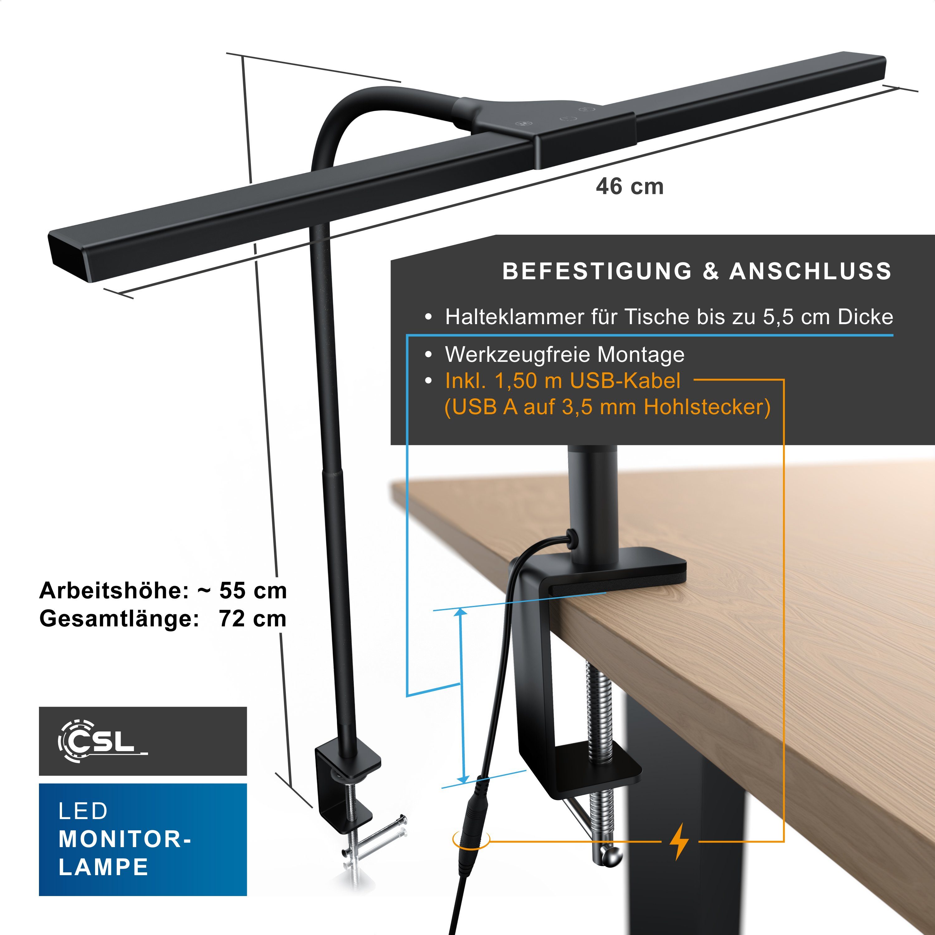 Mehrere Lampe, schwenkbar Memory-Funktion; LED Monitorlampe, LED Ein-/Ausschalter; integriert, fest / Screenbar Leuchte Helligkeitsstufen; Einstellbare mit schwenkbar, Bildschirmlampe CSL Dimmfunktion; dimmbar, Monitor Lichtfarben, Klemmleuchte, Farbtemperatur; 3