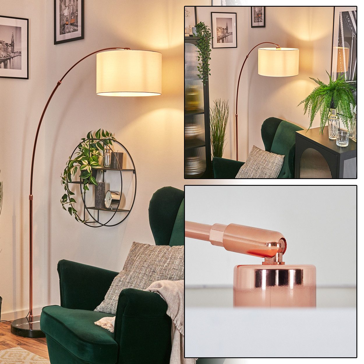 hofstein Bogenlampe Stehlampe aus Metall/Stoff in Schwarz/Kupferfarben/Weiß, Stehleuchte mit Marmorfuß, modernes Design (35 cm), Fußschalter, E27