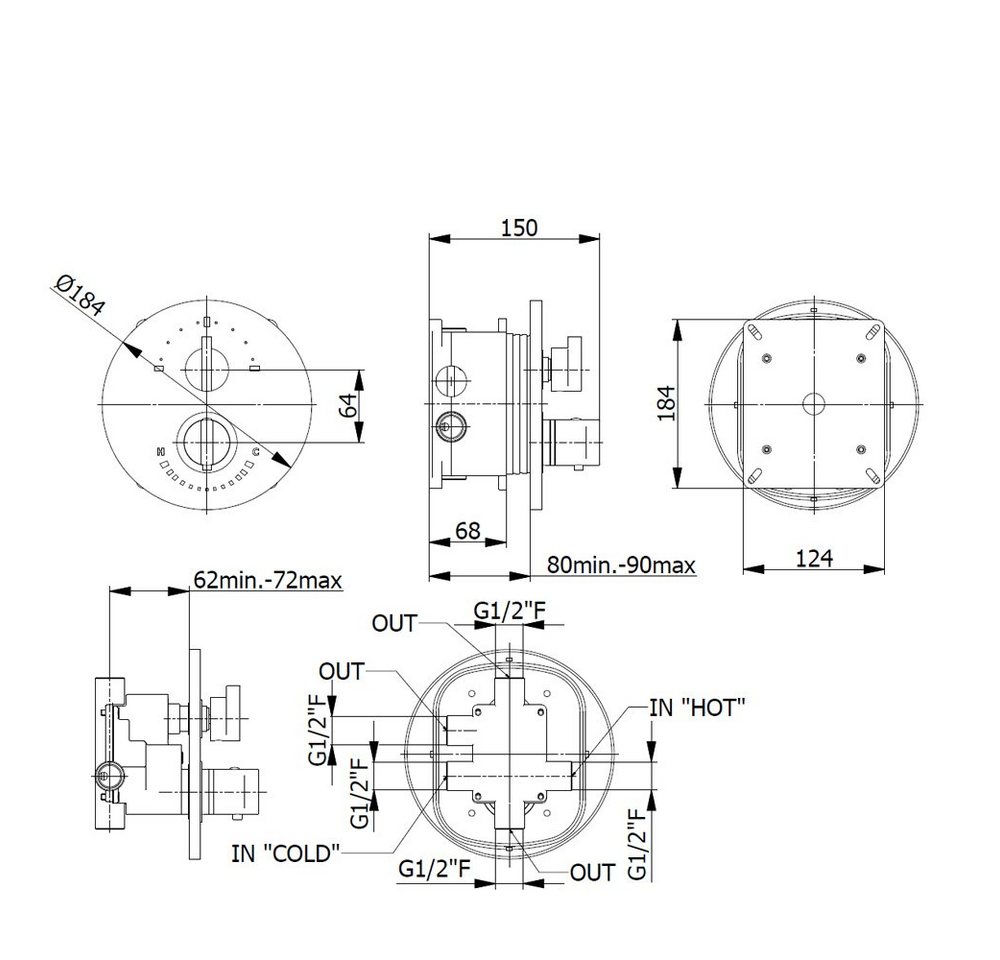 Thumbnail - HAK Unterputzarmatur INCASSO UP Thermostat Duscharmatur, mit Einbaubox rund, mit Umsteller,3Wege, Chrom