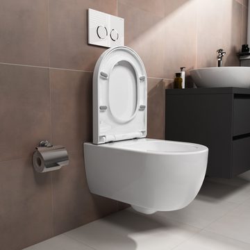 Aqua Bagno Tiefspül-WC Tiefspüler, spülrandlos, weiß, Sitz mit softclose, hängend, wandhängend, Abgang waagerecht