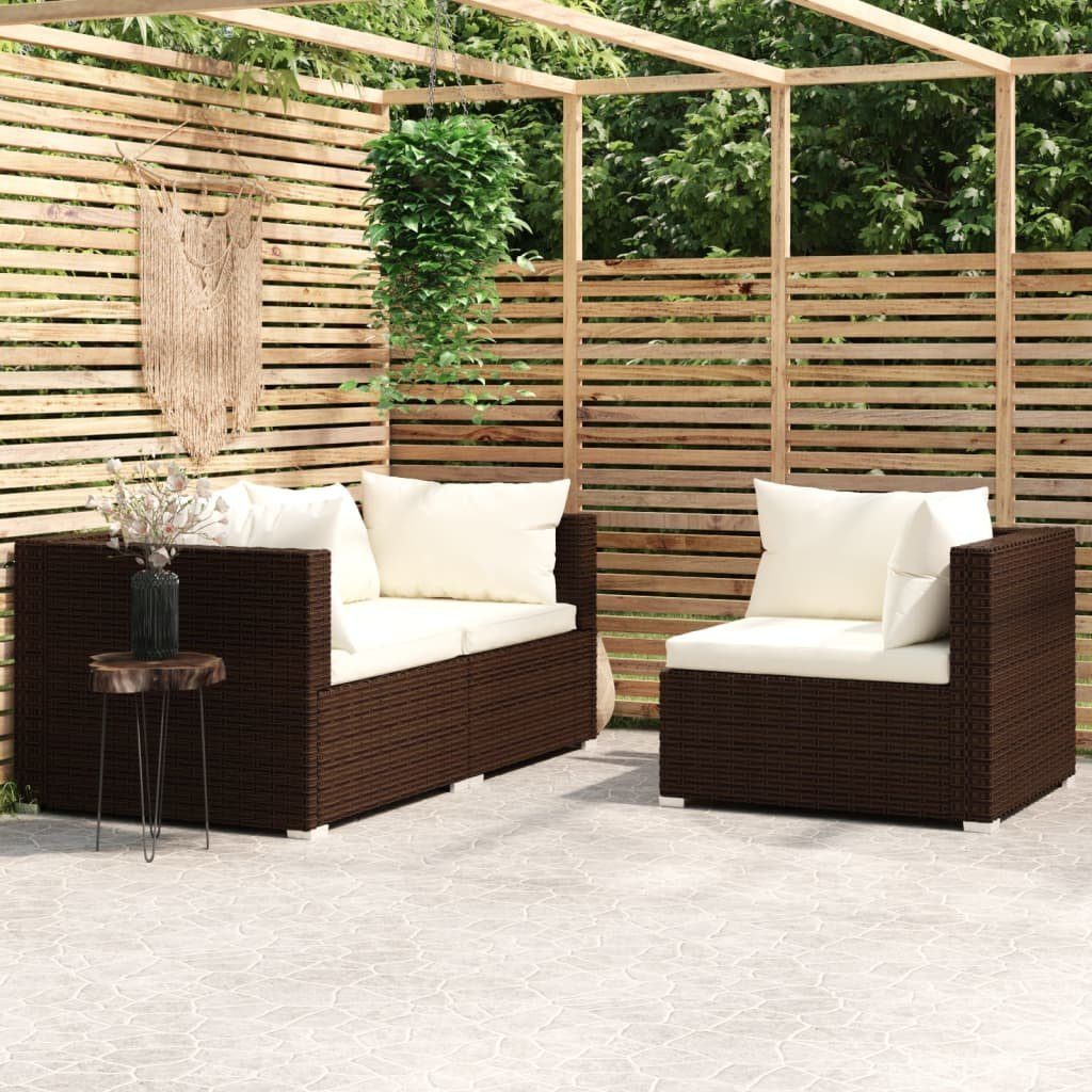 vidaXL Loungesofa 3-tlg. Garten-Lounge-Set mit Auflagen Braun Poly Rattan, 1 Teile Braun und Creme | Alle Sofas