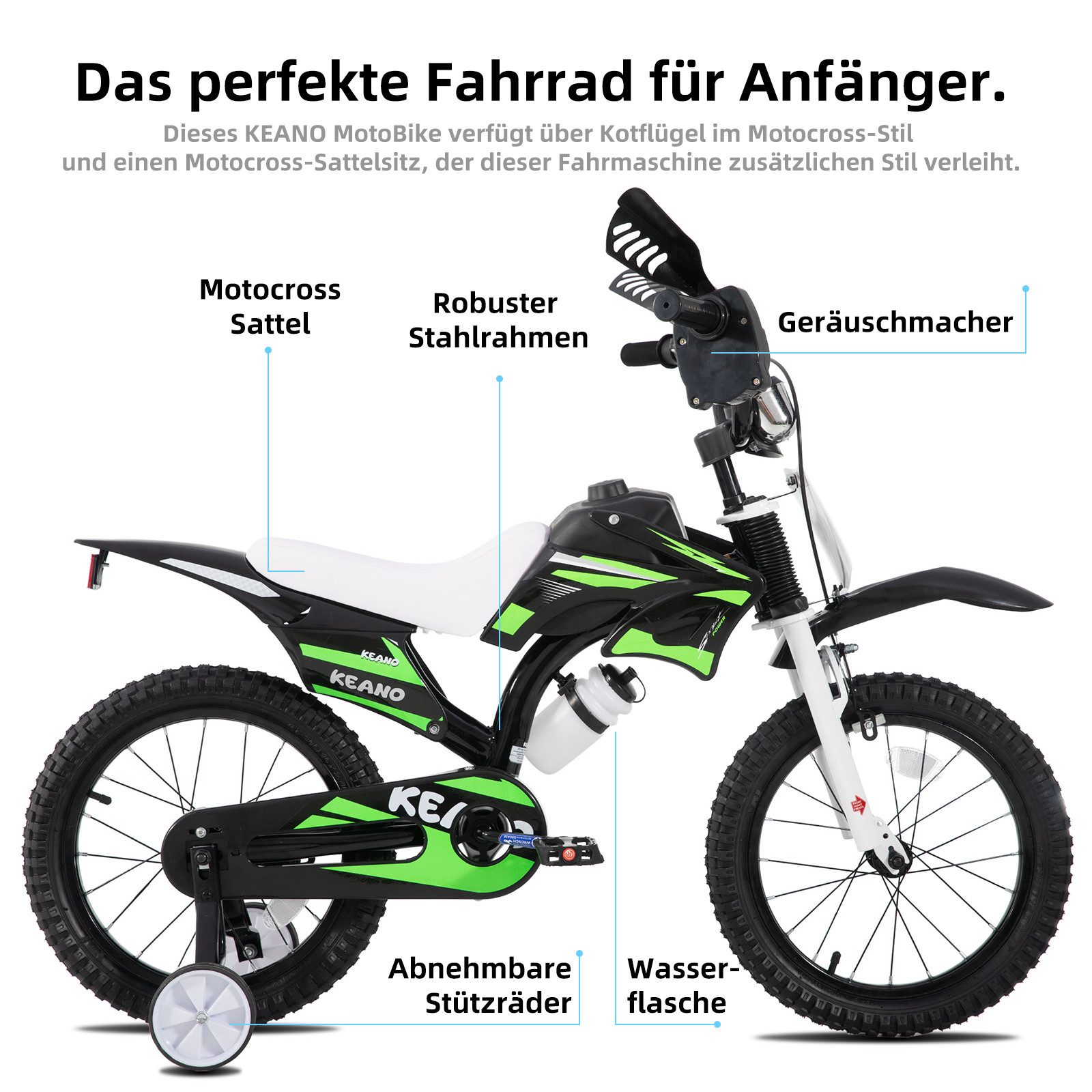 JOYSTAR Kinderfahrrad 12/16 Zoll fahrrad im Motorradstil für 3-8 Jahren Jungen und Mädchen, mit Stützrädern, Getränkehalter und Schutzblechen