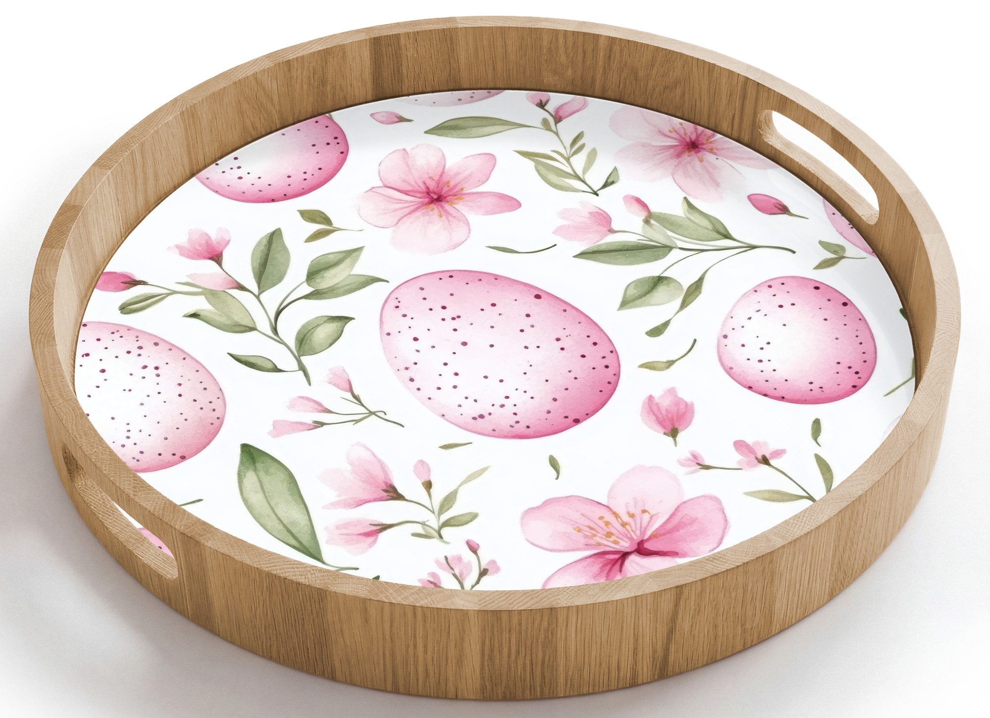 OnlyWow Tablett Rund mit Henkel Muster - Eier - Rosa - Ostern, Eichenholz, (1-tlg), Siervierplatte, Tray, Frühstücksbrett