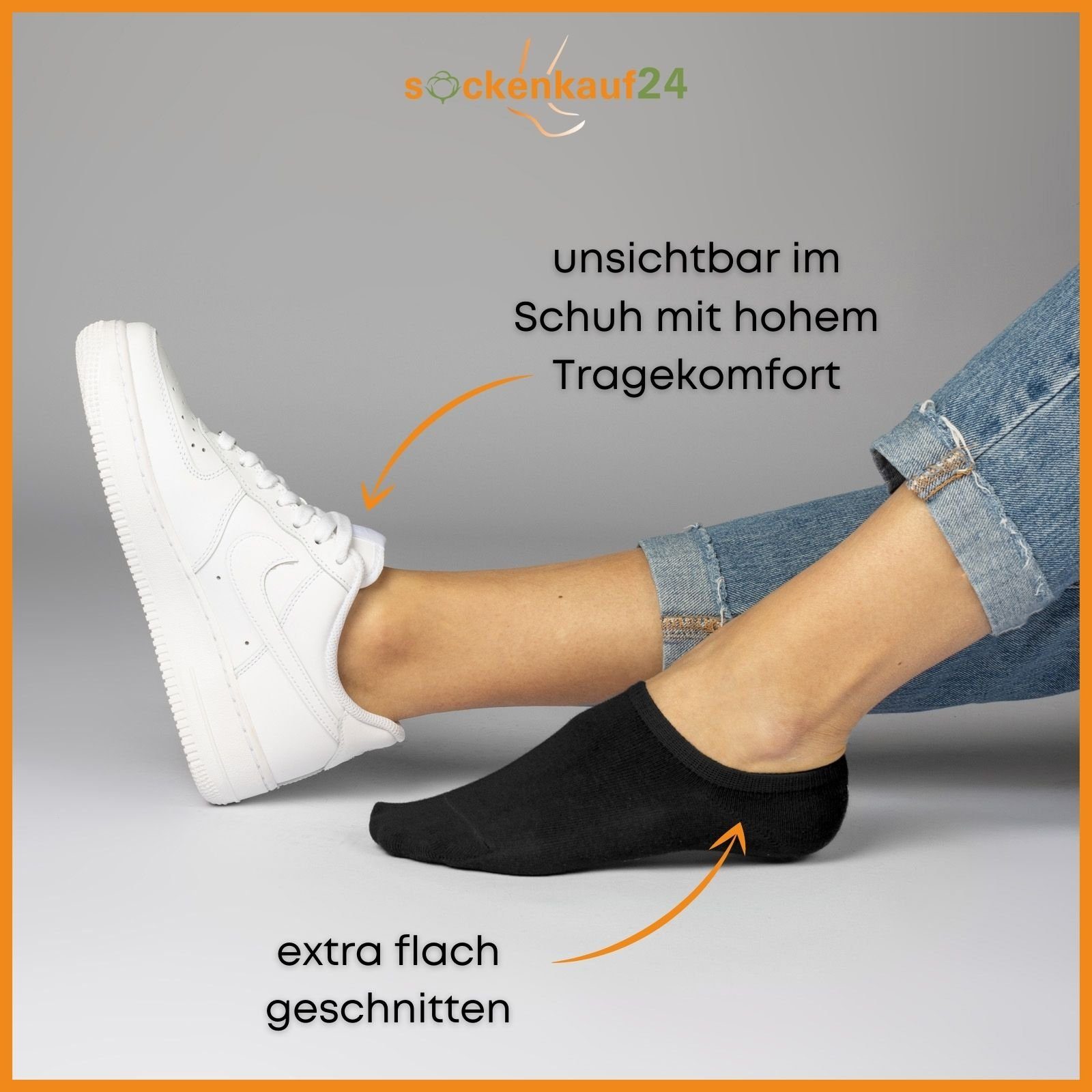 sockenkauf24 Sneakersocken 10 Paar Damen & Herren Füßlinge unsichtbare kurze Socken (5xBlau + 5xSchwarz, 43-46) mit Silikonpad gegen Verrutschen - 16805 WP