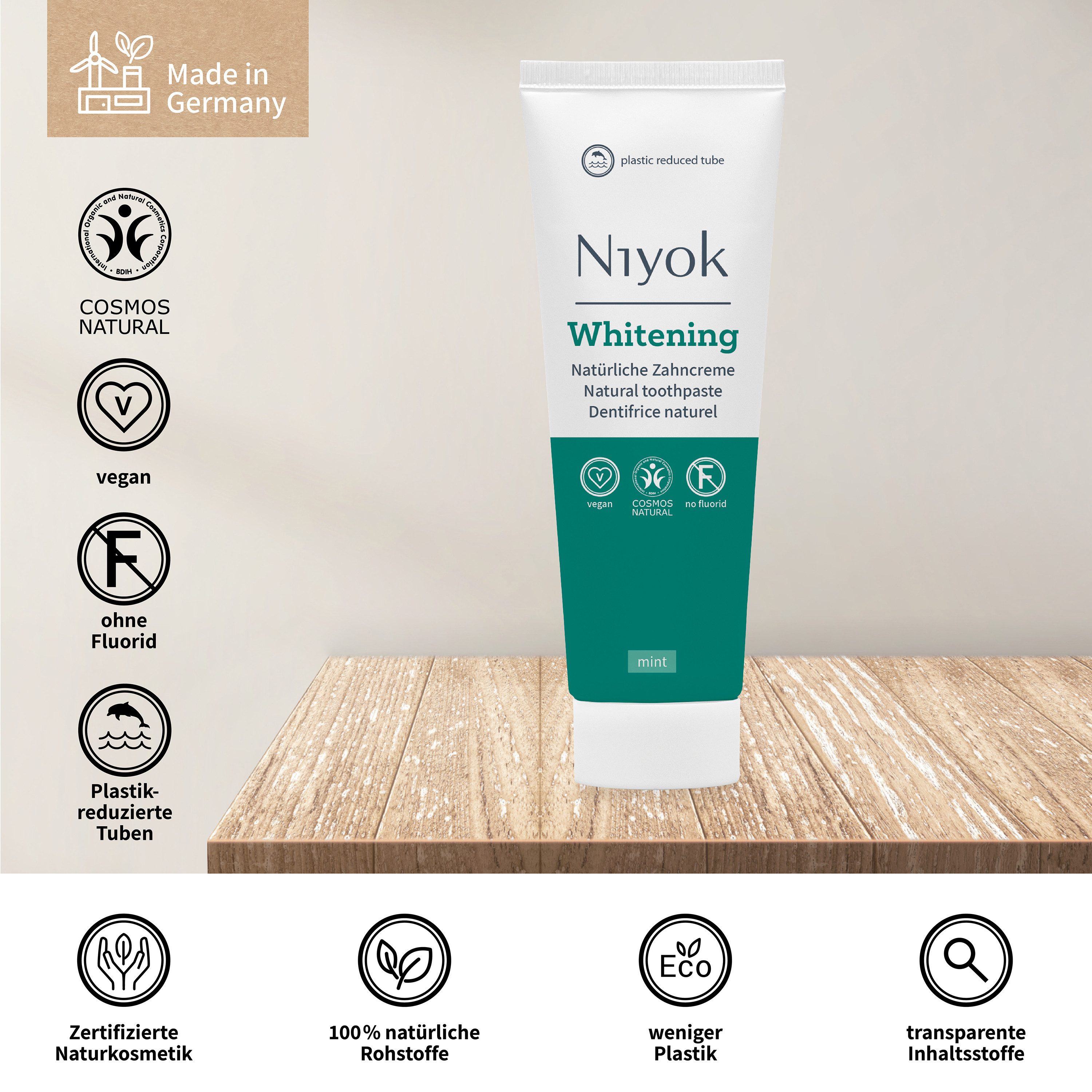 Niyok Zahnpasta Remineralisierende Zahnpflege – Vegan & Ohne Fluorid, (1-St) Plastikreduzierte Tube, Minze whitening