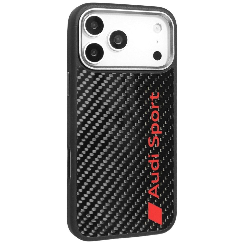 Audi Handyhülle iPhone 17 Pro Max Carbonfaser R8 MagSafe schwarz rot Logo 6,9 Zoll, Kantenschutz