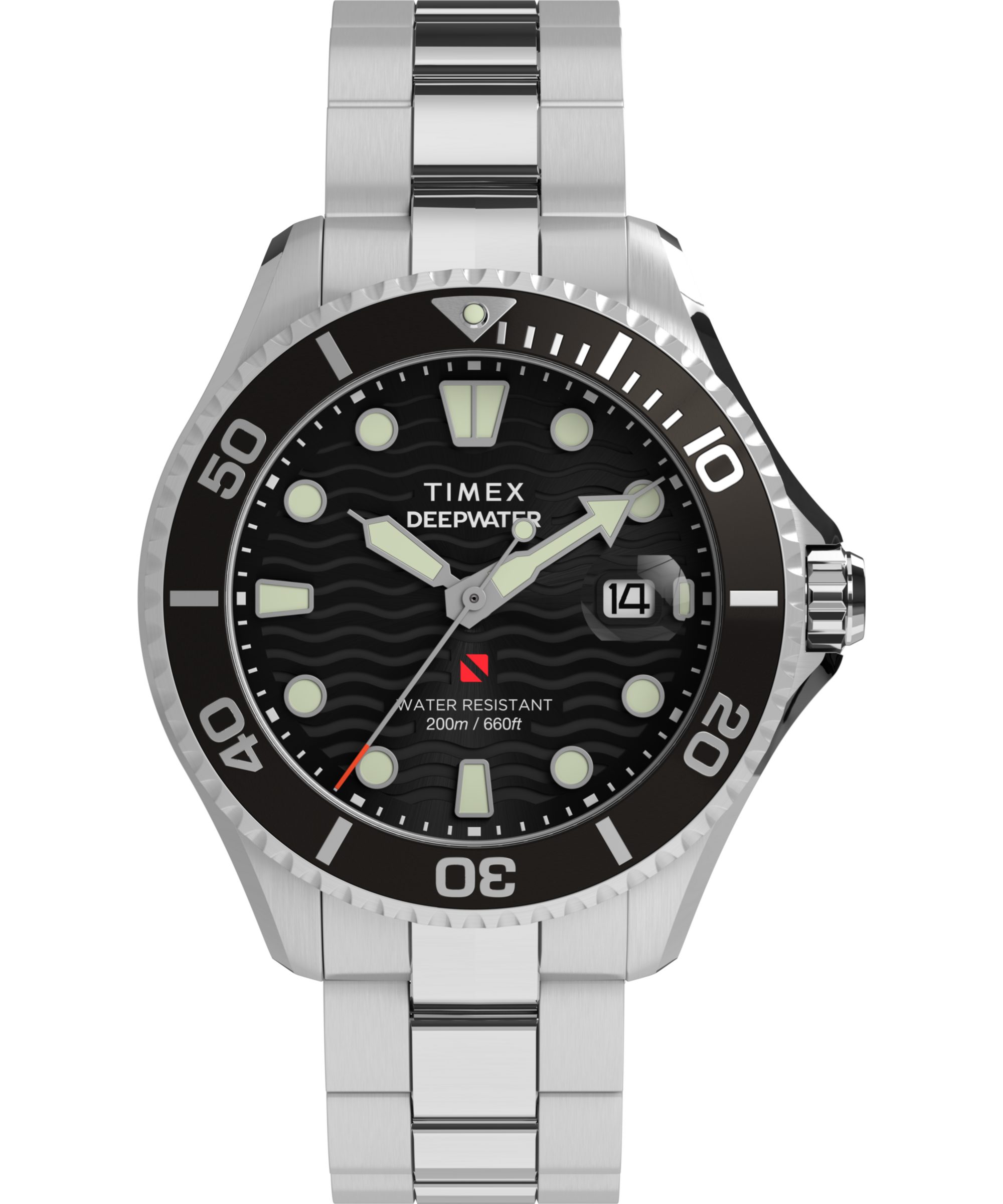 Timex Quarzuhr DEEP WATER MERIDIAN TW2W82000AJ, Armbanduhr, Herrenuhr, Edelstahlarmband, Datum, Leuchtzeiger