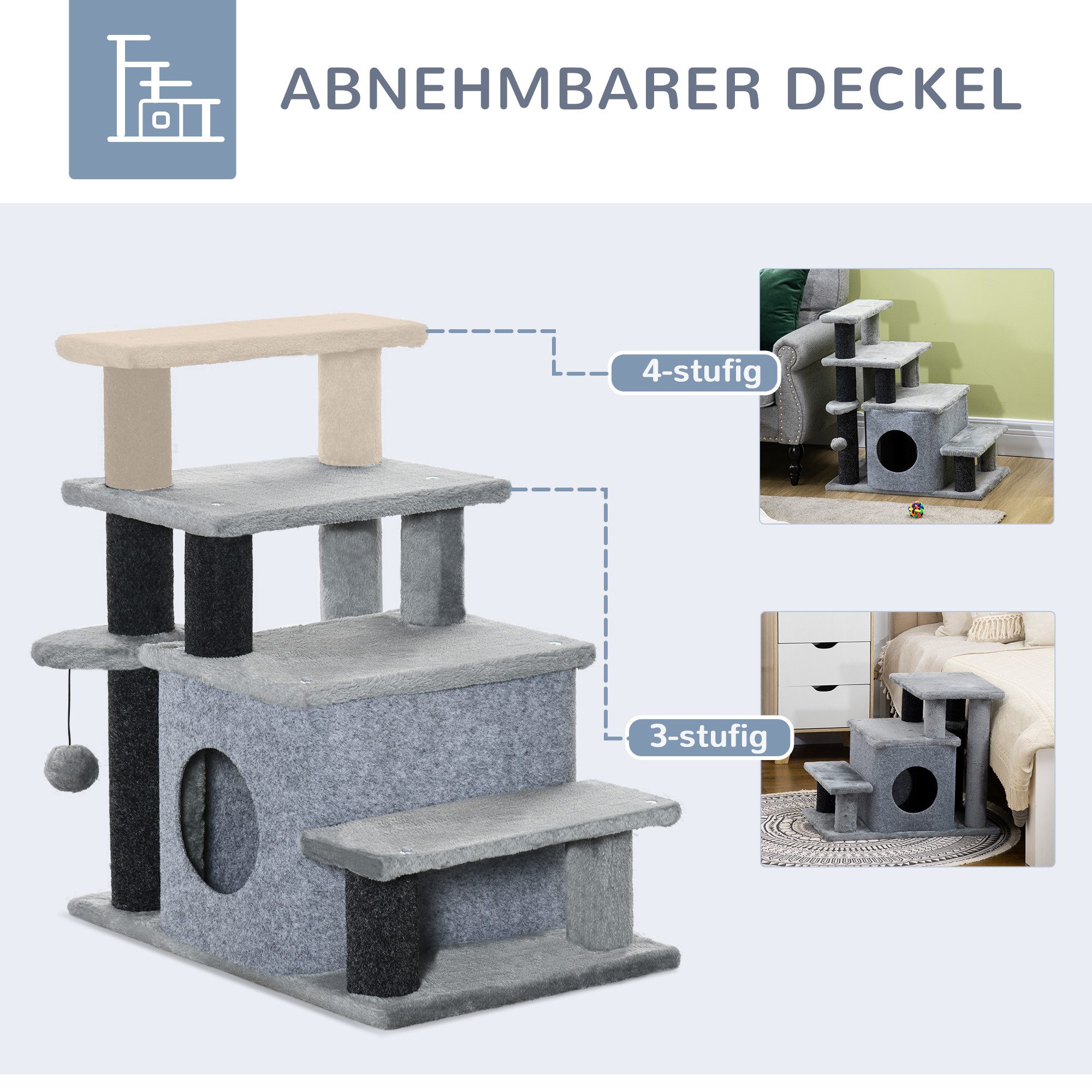 furnicato Katzen-Kletterwand Katzentreppe 60L x 40B x 66H cm in Grau für ältere Katzen, Höhenverstellbare Tiertreppe mit Kratzbaum und integriertem Katzenhaus