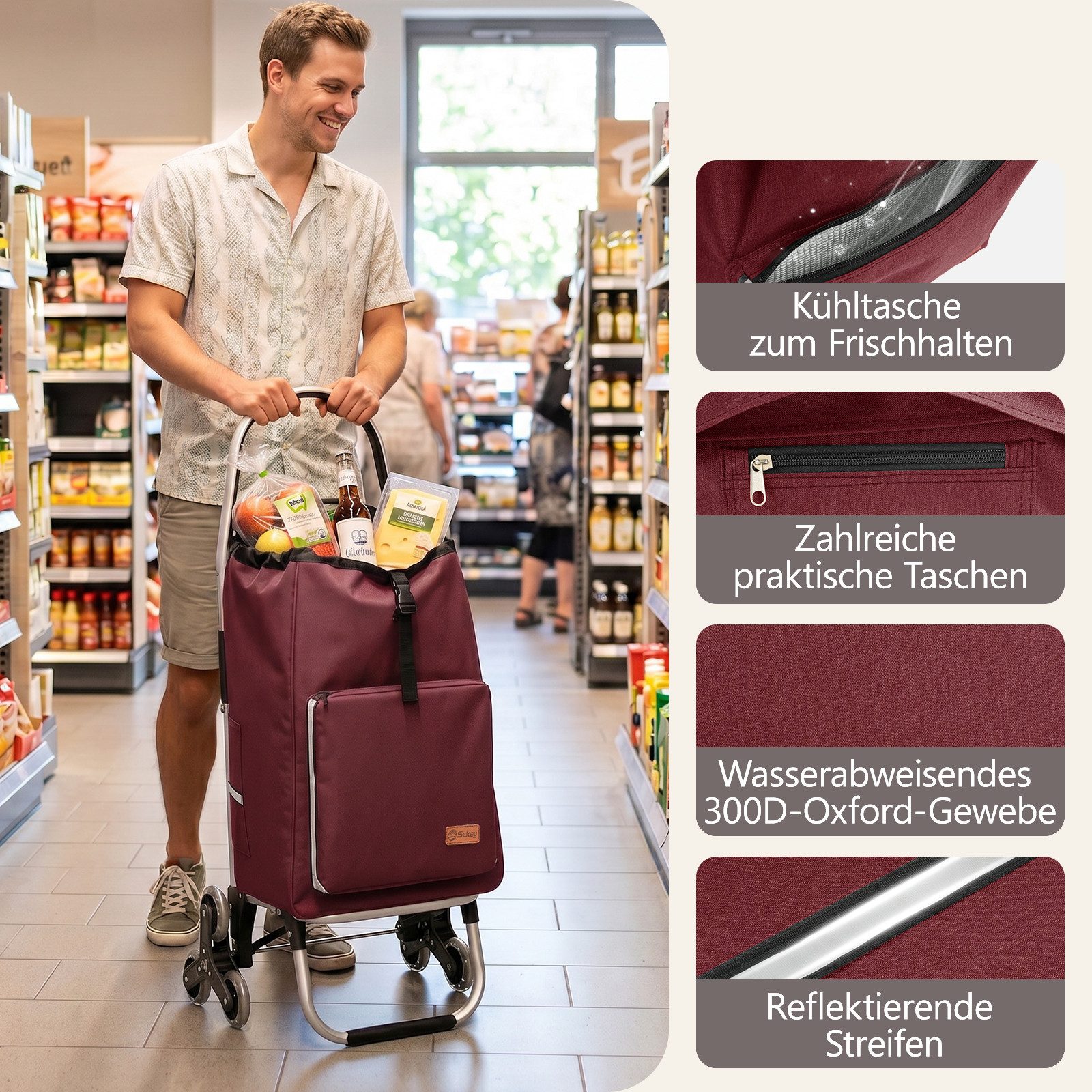 Sekey Einkaufstrolley Aluminium 2-in-1 Faltbar Einkaufstrolley Treppensteiger mit Kühltasche, 50 l zusammenklappbarer Transportwagen Treppensteiger Einkaufswage – Bild 5 von 5