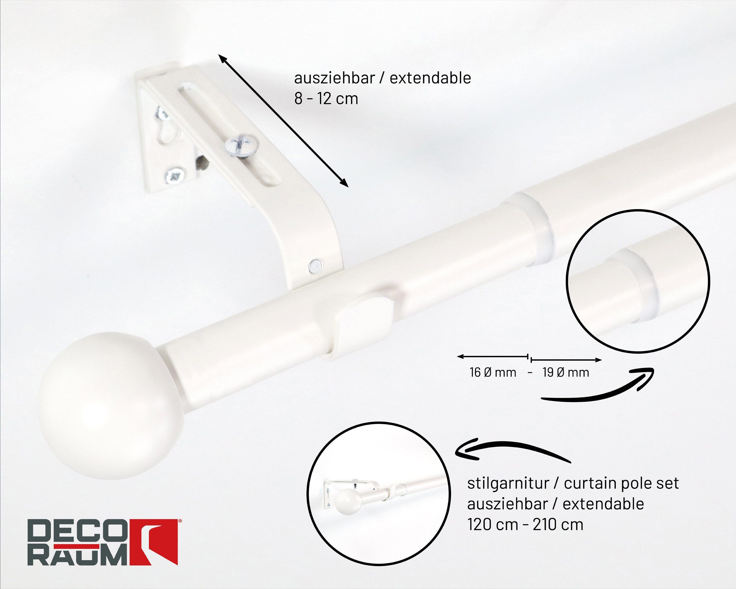 Deco-Raum Gardinenstange Flexa Stilgarnitur Set ausziehbar, Ø 19 mm, 1-läufig, ausziehbar, Wandmontage, verschraubt, Metall, perfekt für Dekoschals Gardinen