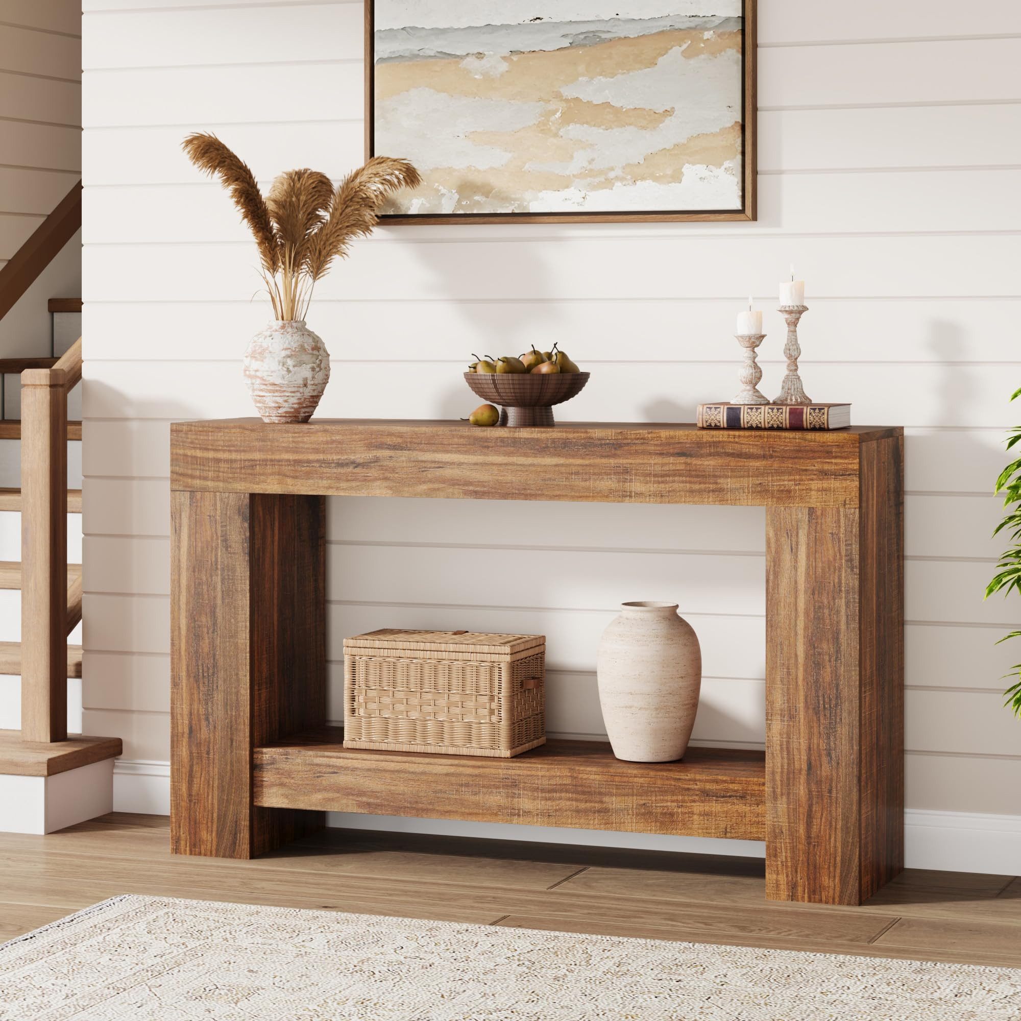 GarveeMore Konsolentisch Landhausstil Beistelltisch Ablagetisch Wohnzimmertisch Baumkantentisch, 120 cm Holztisch mit 2 Ebenen, Ablage, stabil & pflegeleicht