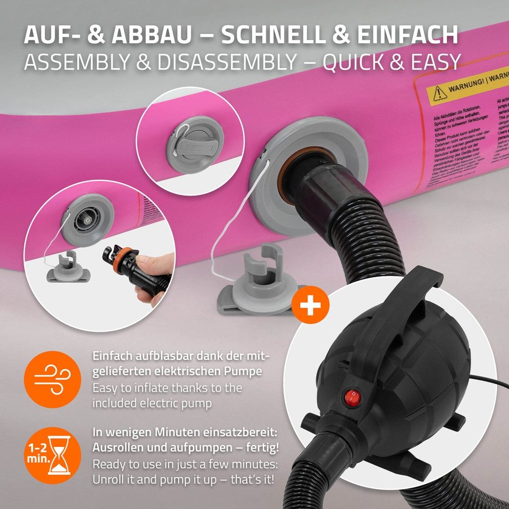 ECD Germany Sportmatte Aufblasbare Gymnastikmatte Airtrack Turnmatte Fitness Tumbling Matte, Pilatesmatte 3m Rosa H:10cm inkl. Tragetasche Luftpumpe & Flick-Set – Bild 4 von 5