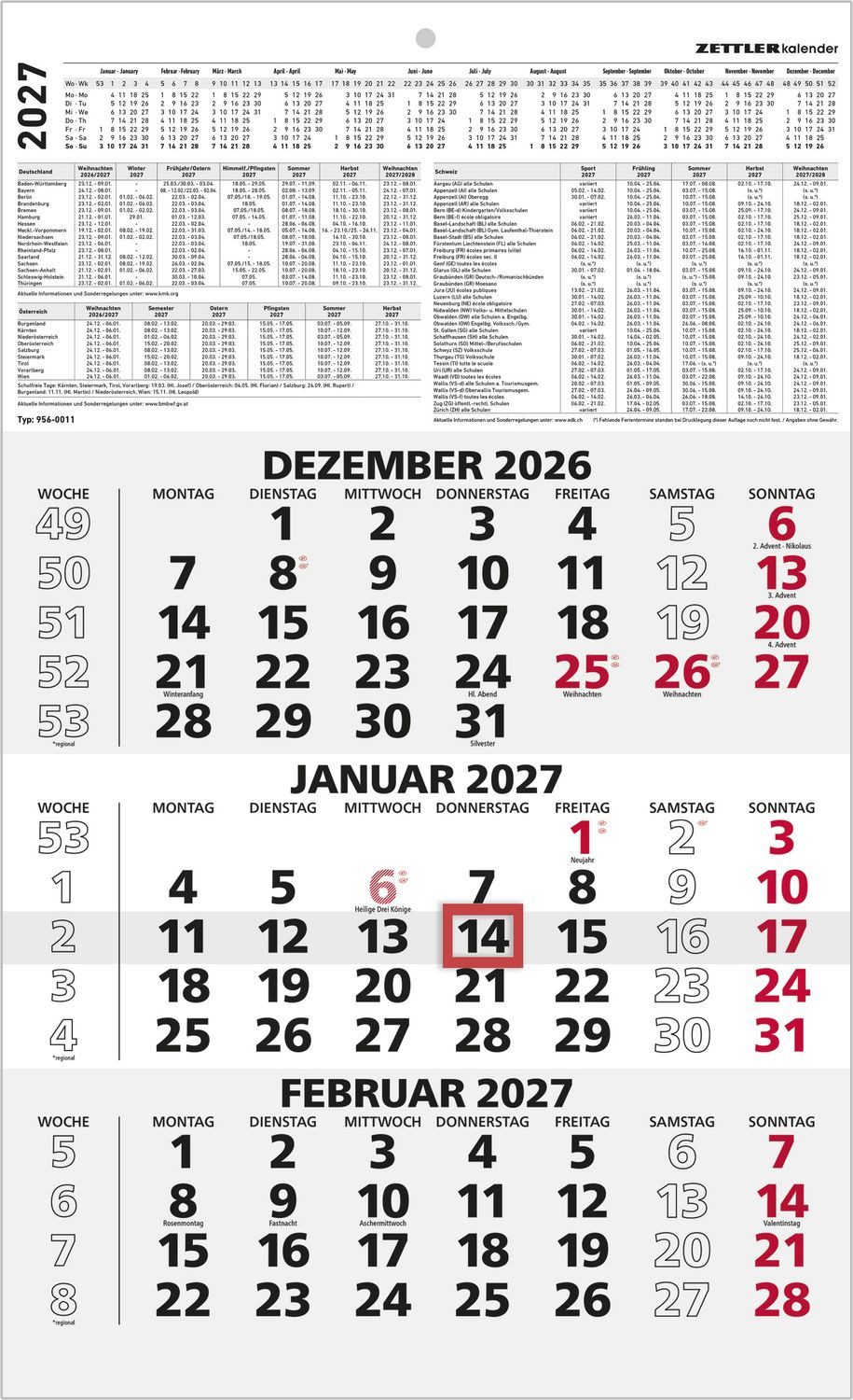 Wandkalender 3-Monatskalender schwarz/rot 2027