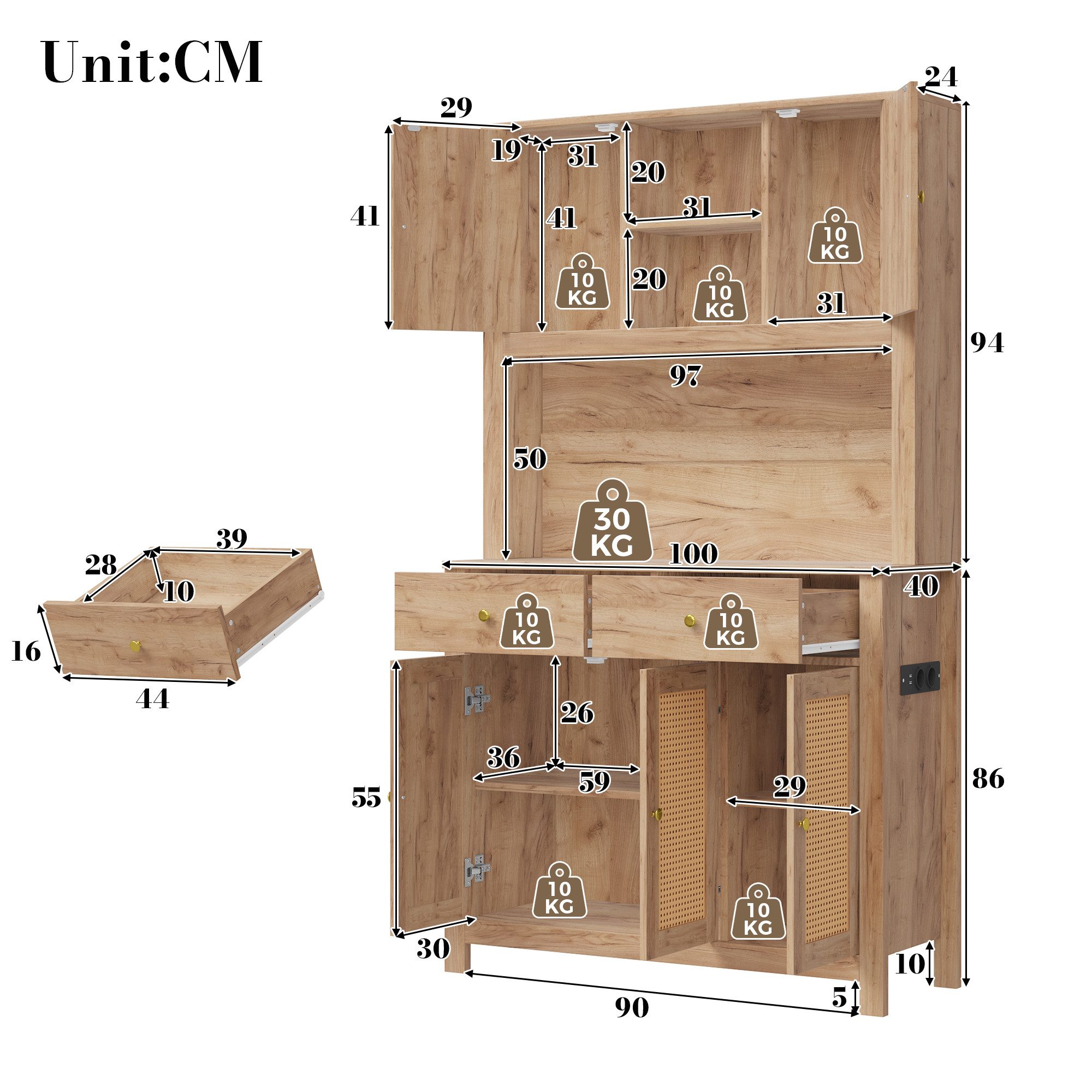 Flieks Küchenbuffet Hochschrank mit LED-Beleuchtung, Steckdosen, Rattantüren, 2 Schubladen (Ladefunktion, 1-St., B100xT40xH180 cm) Küchenschrank Mehrzweckschran – Bild 5 von 5