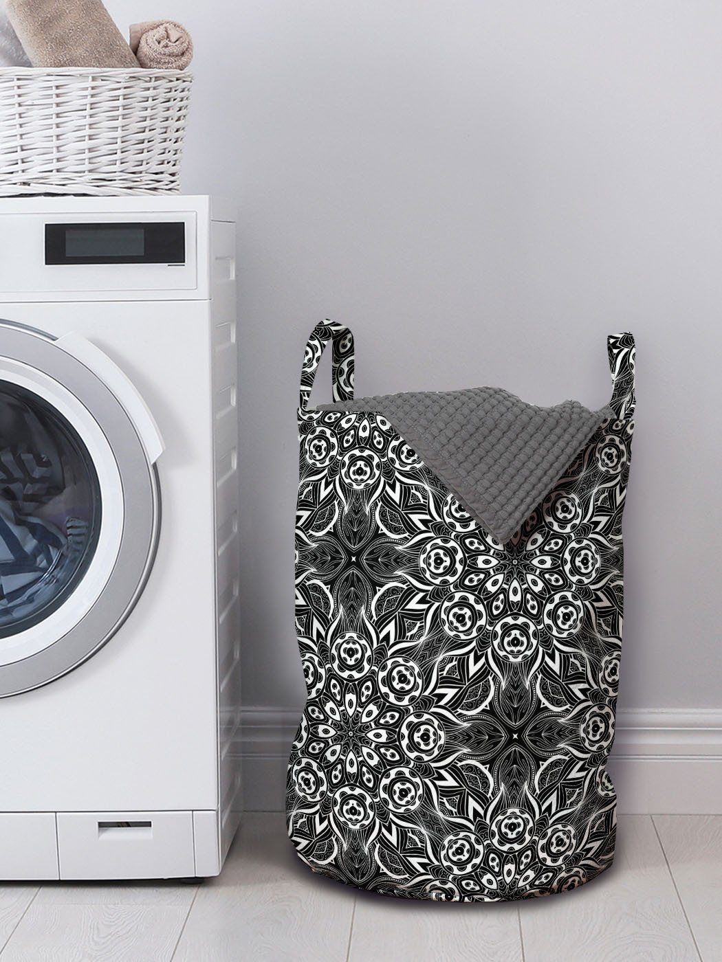 Schwarz Waschsalons, weiß Wäschesäckchen und Abakuhaus Blatt für mit Griffen Wäschekorb Kordelzugverschluss Zusammensetzung