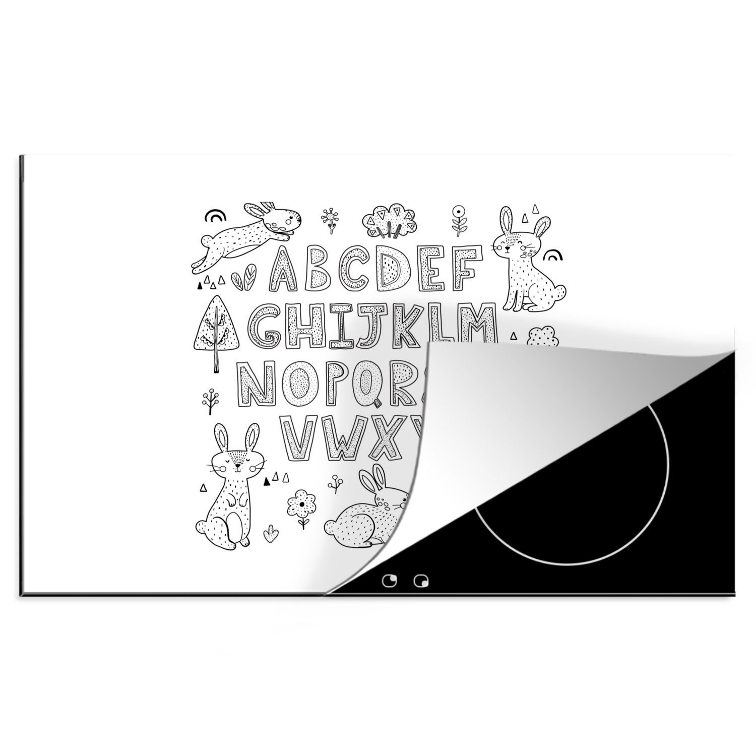 MuchoWow Herdblende-/Abdeckplatte Illustration Alphabet mit Kaninchen schwarz und weiß, Vinyl, (1 tlg), 81x52 cm, Induktionskochfeld Schutz für die küche, Ceranfeldabdeckung
