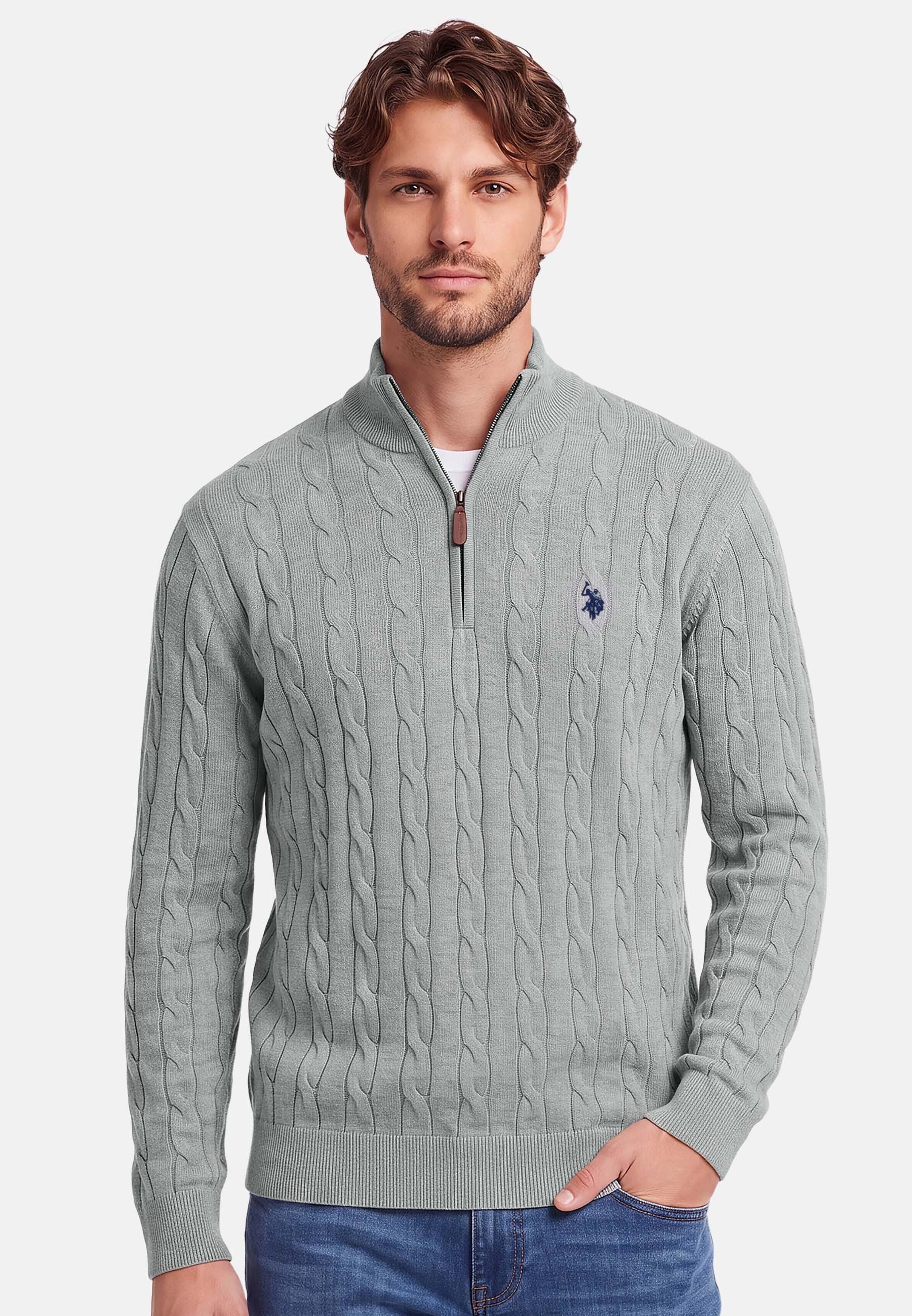 U.S. Polo Assn. Rundhalspullover Herren Halfzip Pullover mit Zopfmuster und Stehkragen 100% Baumwolle, weich, klassischer Zopfstrick-Look mit Half-Zip
