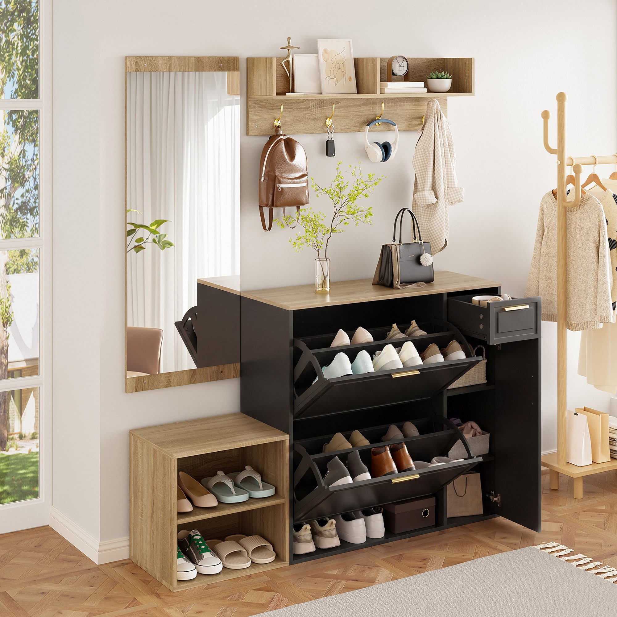 STILVORA Garderoben-Set mit spiegel, Sitzbank, Schuhschrank und Wandgarderobe Flurmöbel-Set, (4-teiliges Garderoben-Set, Spanplatte, Holzdekor+Schwarz, 139,5×35×166cm, platzsparend), für Flur, Diele, Eingangsbereich, kleine Räume