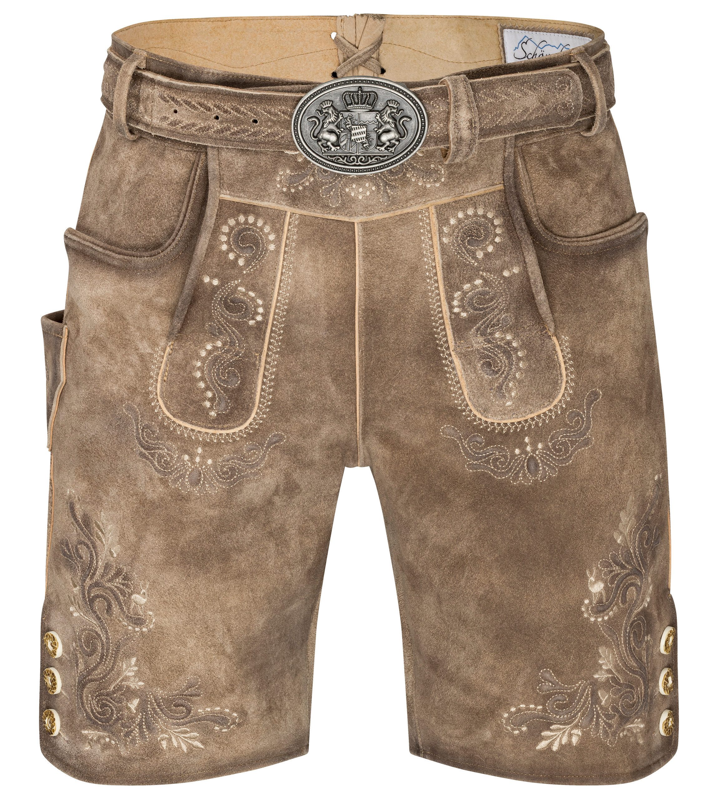 Schöneberger Trachten Couture Trachtenlederhose Lederhose Herren kurz für Oktoberfest - Original Nubukleder, Wiesnbock Stickereien, echtes Nubukleder, inkl. Trachtengürtel