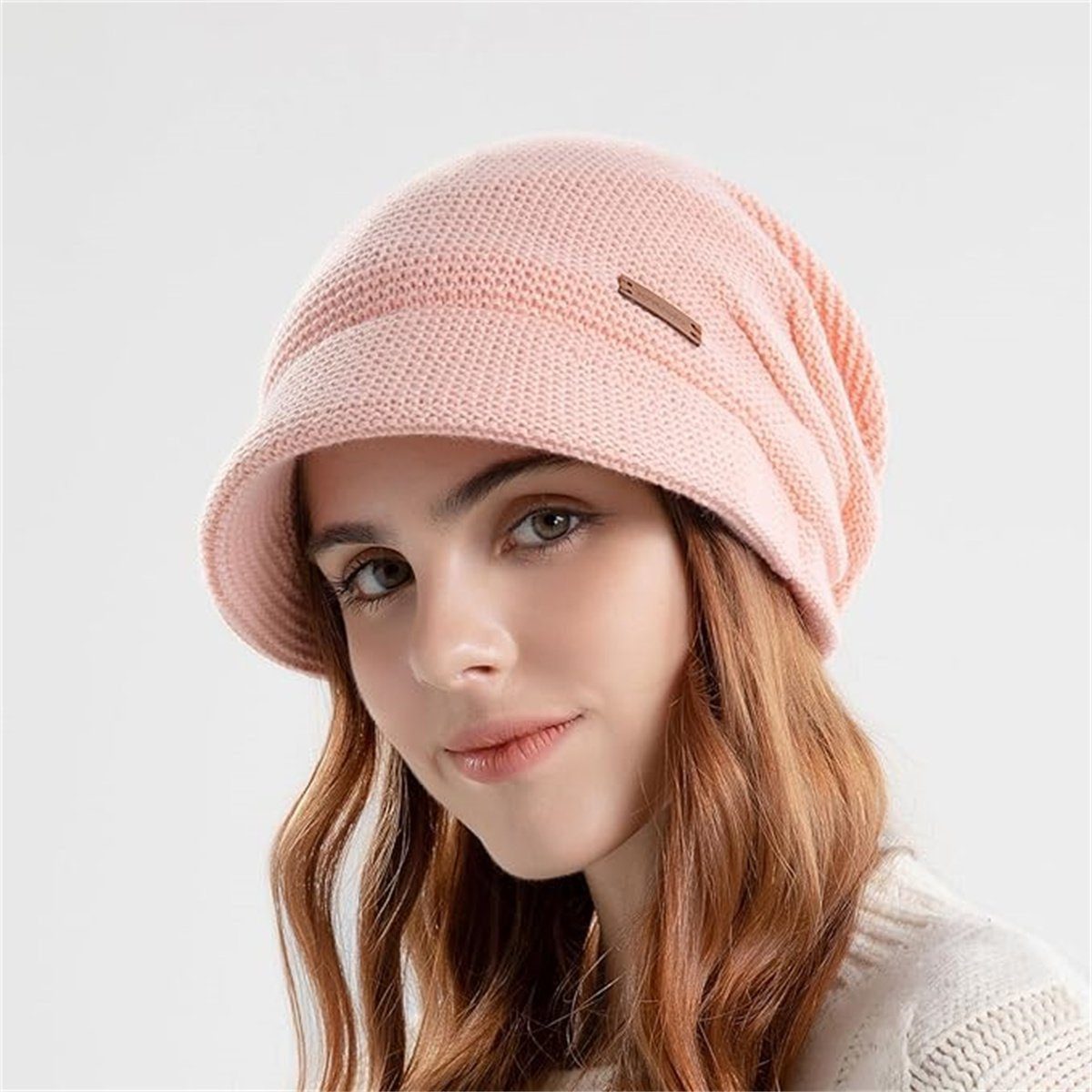 feinlux Beanie Mütze-und-Schal-Set für Damen, Woll-Wintermütze (Packung, Warme, lockere Strickmütze mit Schirm (1 Stück) Warme Strickmütze für Damen (56–60 cm)