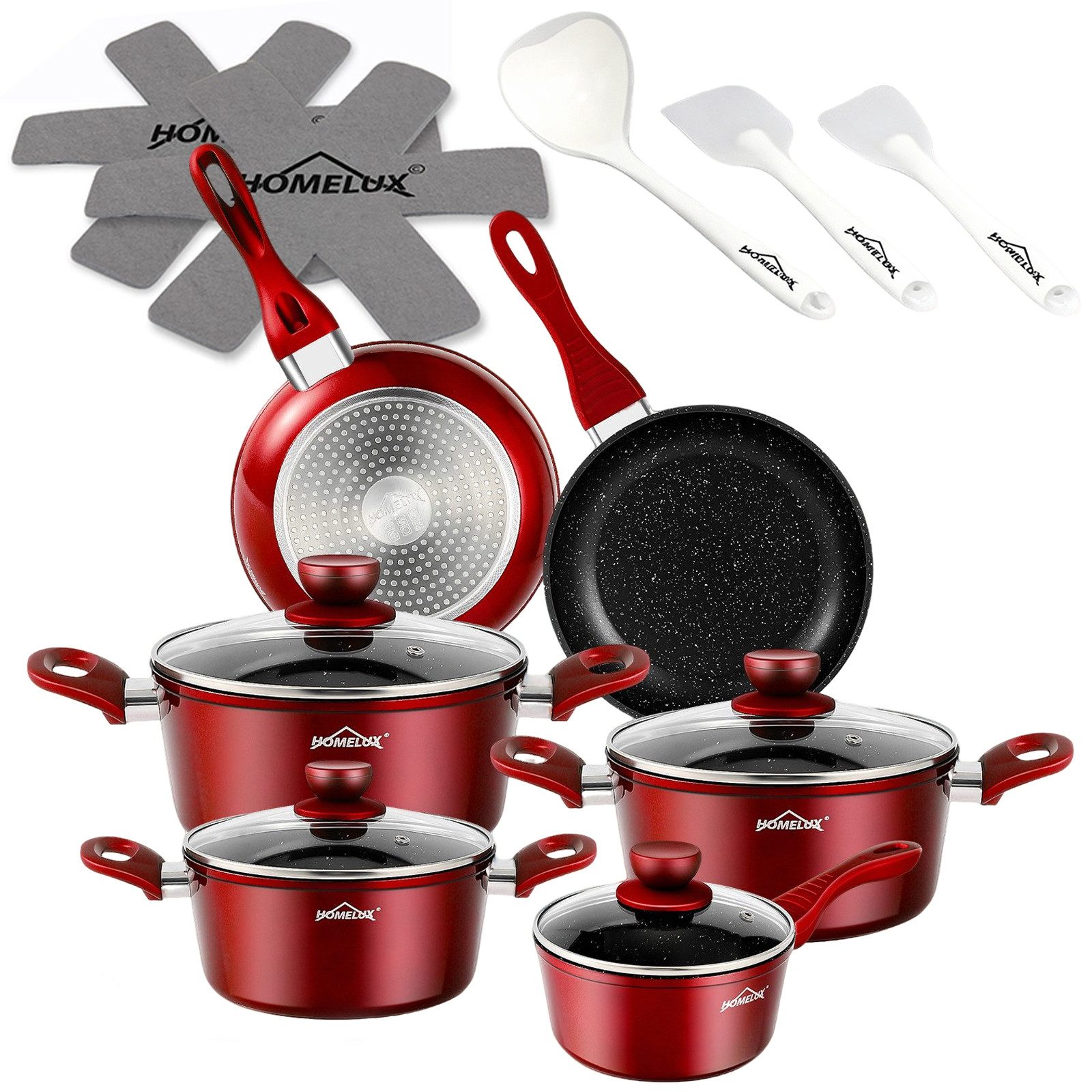 HOMELUX Topf-Set Induktions Töpfe Set Classic Antihaftbeschichtung Kochtopfset, Aluminium (Kochgeschirr-Set, 15-tlg., 3x Kochtopf, 2x Bratpfanne,1x Saucentopf,4x Glasdeckel,5x Zubehör), Induktionsgeeignet
