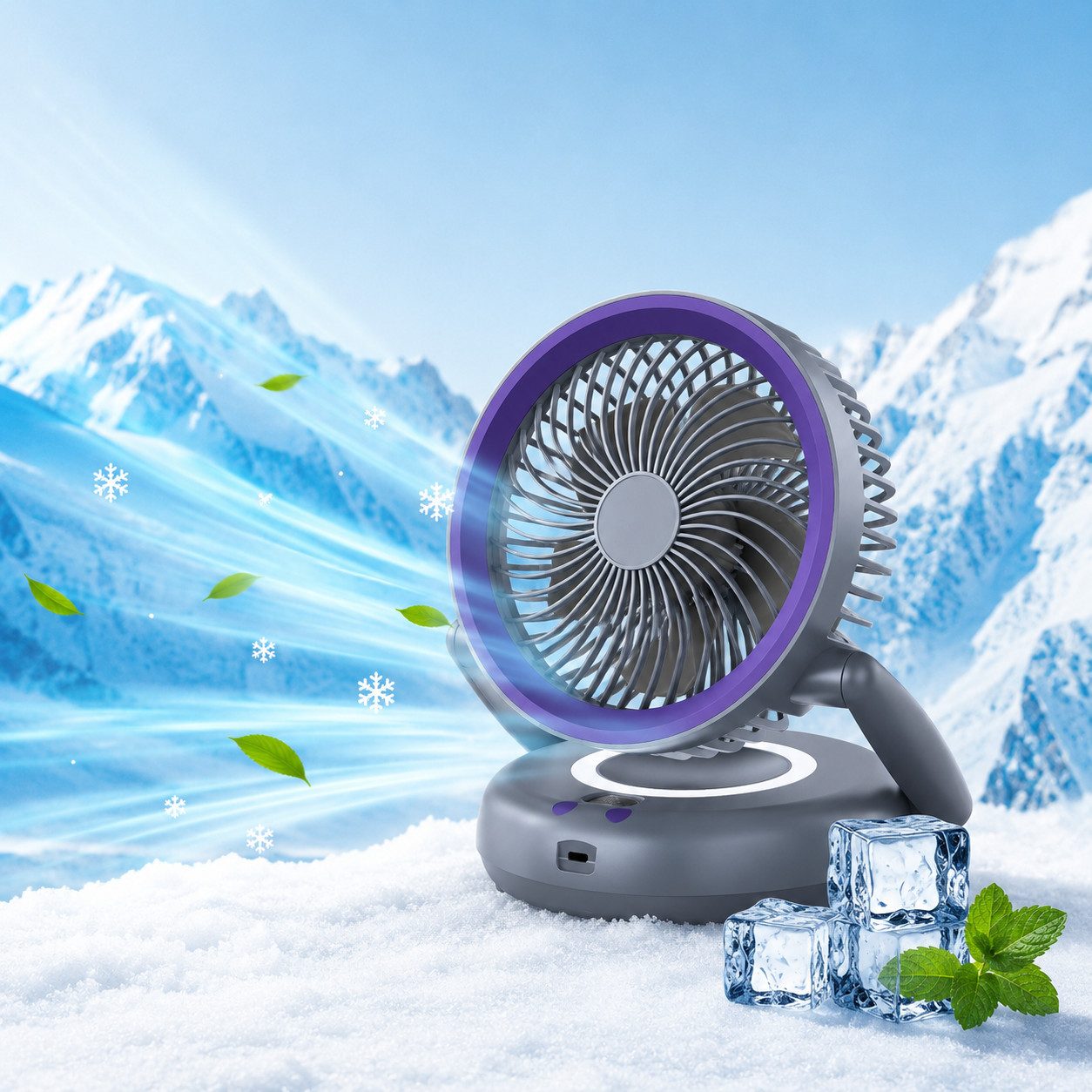 MOPUEA Tischventilator Faltbarer Tischventilator 5 Stufen Leiser Motor mit Akkuanzeige, Leiser Motor, 5 Windstufen, Akkuanzeige und flexibel faltbares Design.