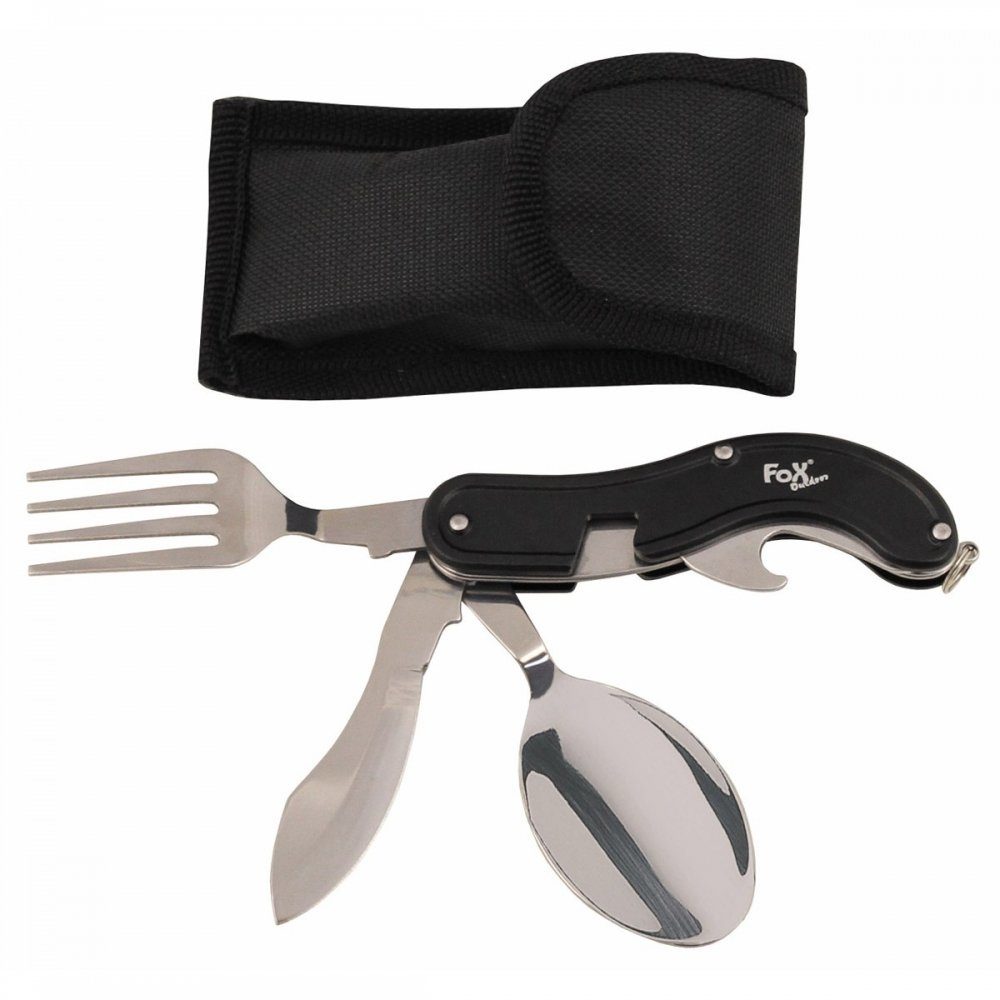 FoxOutdoor Besteck-Set Taschenmesserbesteck, 4 in 1, schwarz, teilbar (2-tlg), Edelstahl, Sicherungsring am Griffende