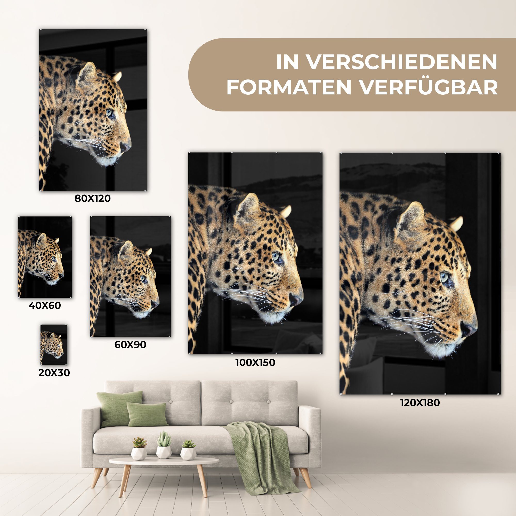 Wandbild MuchoWow Leopard - auf - Glasbilder - St), Wanddekoration - Foto Schwarz (1 - Glas Acrylglasbild Bilder Glas Pelz, auf
