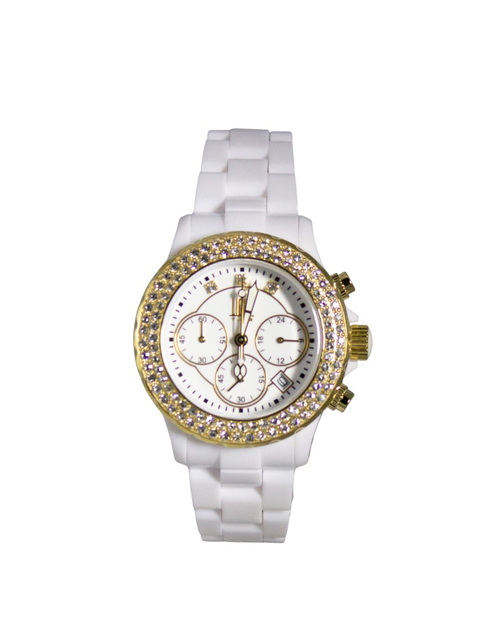 Light Time Chronograph Armbanduhr Damen Kunststoff Datum Weiß Gold Zirkonia L074B
