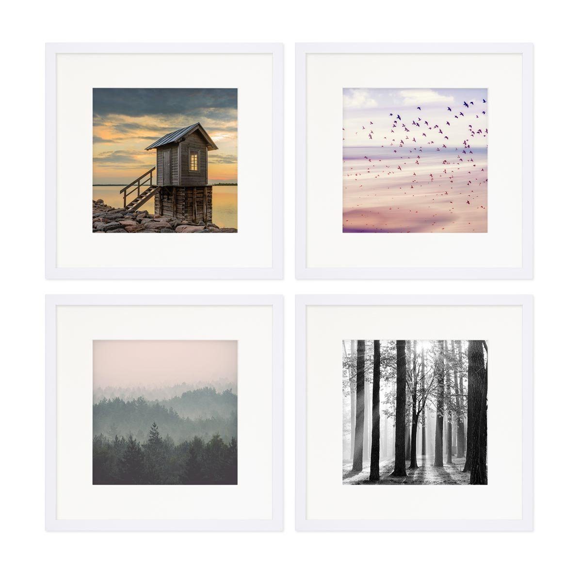 PHOTOLINI Bilderrahmen Sets quadratisch 30x30 cm aus MDF Holz mit Acrylglas & Zubehör, für 4 Bilder (4er Set), 4er Set Weiß mit Passepartouts für Bilder in 20x20 cm