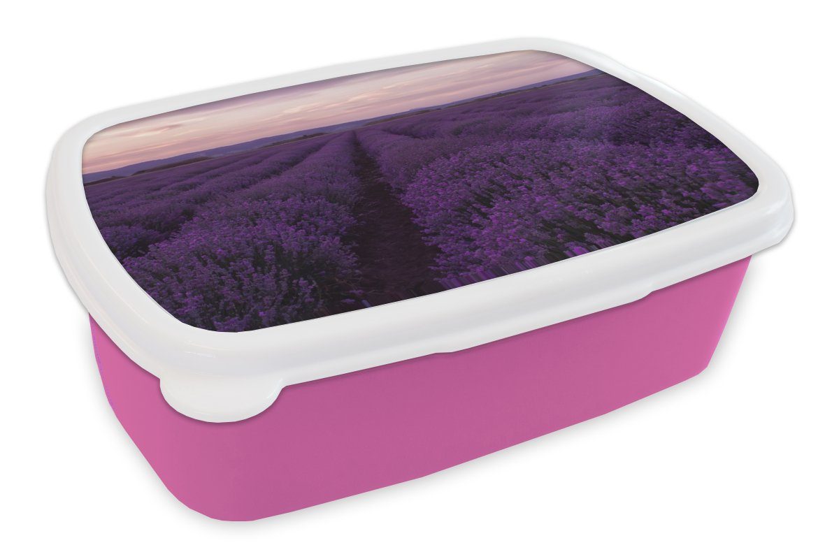 MuchoWow Lunchbox Lavendel - Lila - Blumen - Natur, Kunststoff, (2-tlg), Brotbox für Erwachsene, Brotdose Kinder, Snackbox, Mädchen, Kunststoff rosa