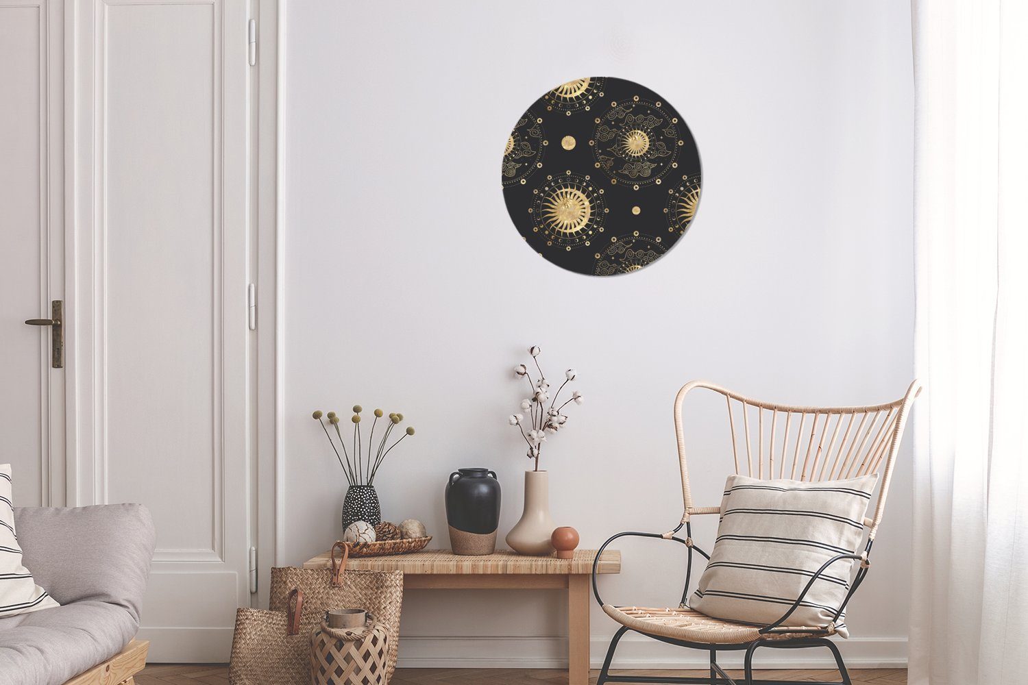 Gold Wandsticker Wohnzimmer Mond Kinderzimmer, - Sonne Muster (1 Tapetenaufkleber, Rund, Tapetenkreis MuchoWow - für - St),