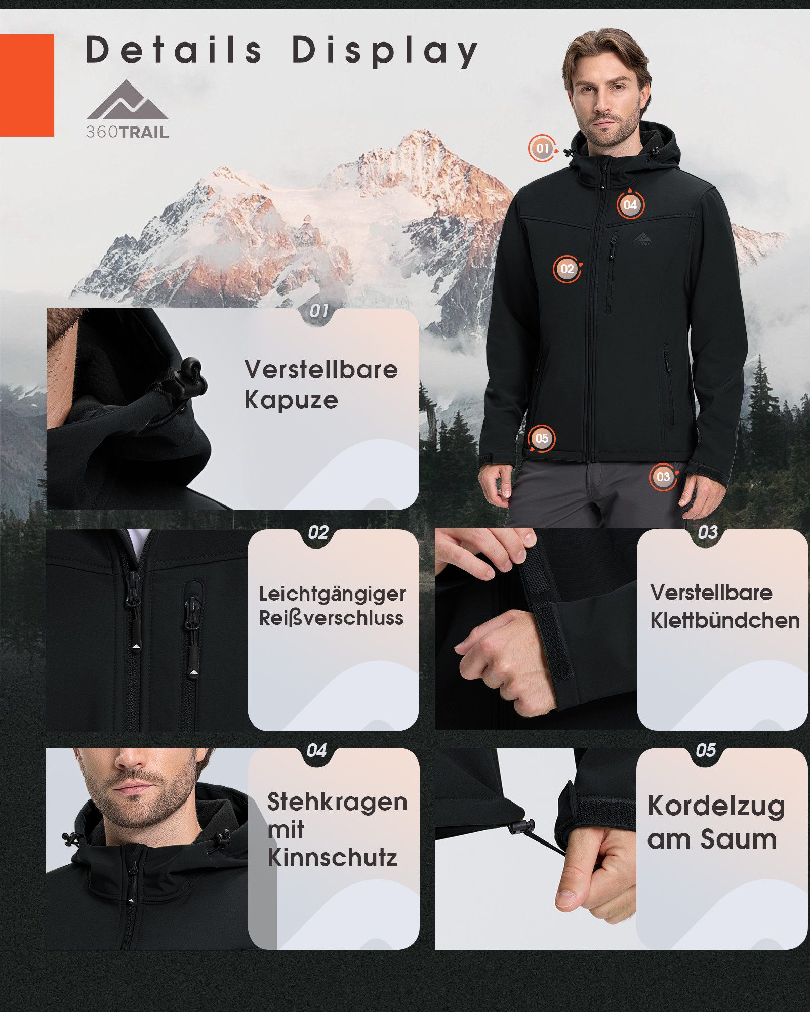 360Trail Outdoorjacke Softshelljacke Skayra wasserdichte winddichte Herren Übergangsjacke Microfleece-Innenfutter, atmungsaktiv, wasserdicht – Bild 4 von 5