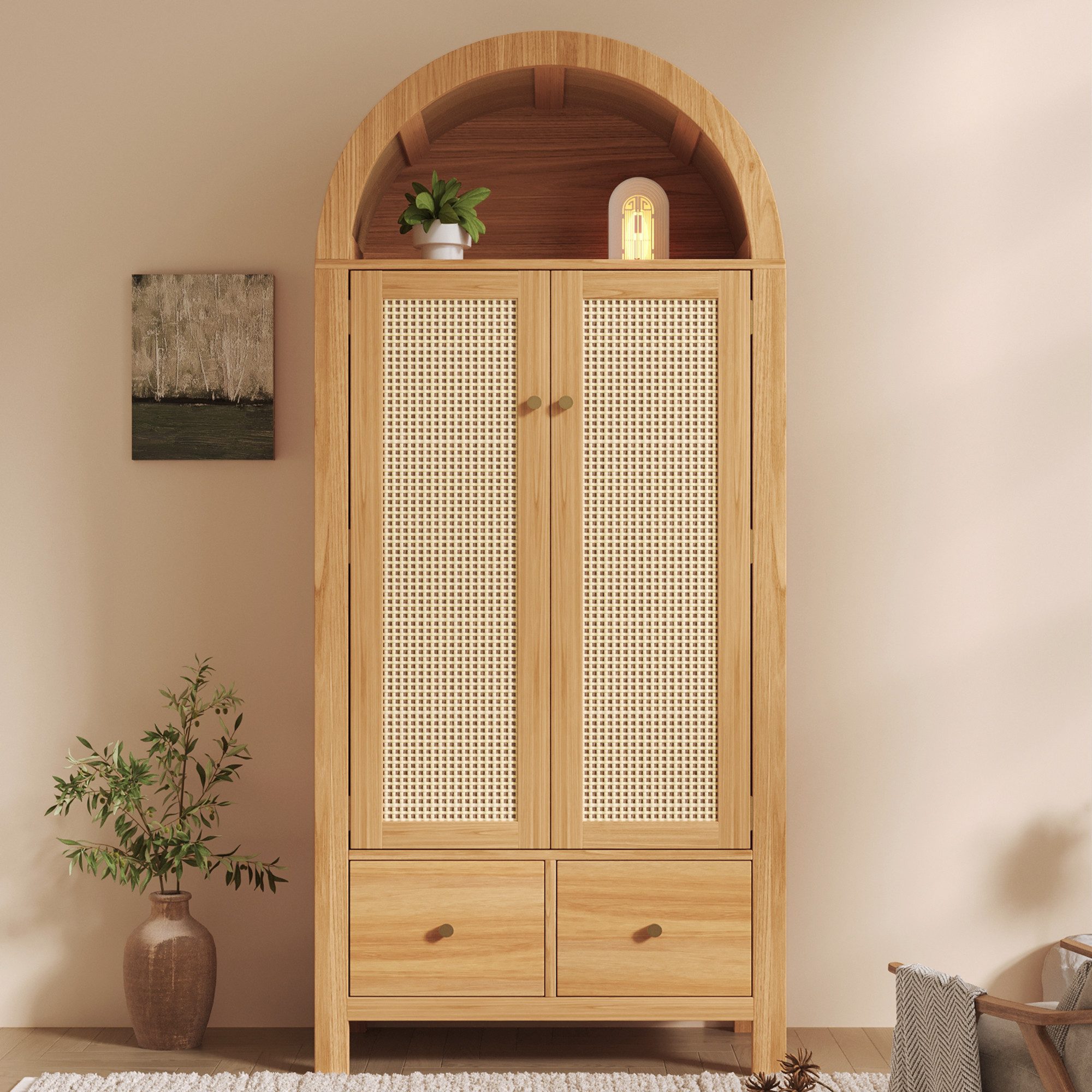 Celya Kleiderschrank 181x78x45 cm mit Rattan-Flechten, mit 2 Schubladen, Kleiderstange (offene halbrunde Ablage,2 Türen mit Magnetverschluss und Kippsicherung)